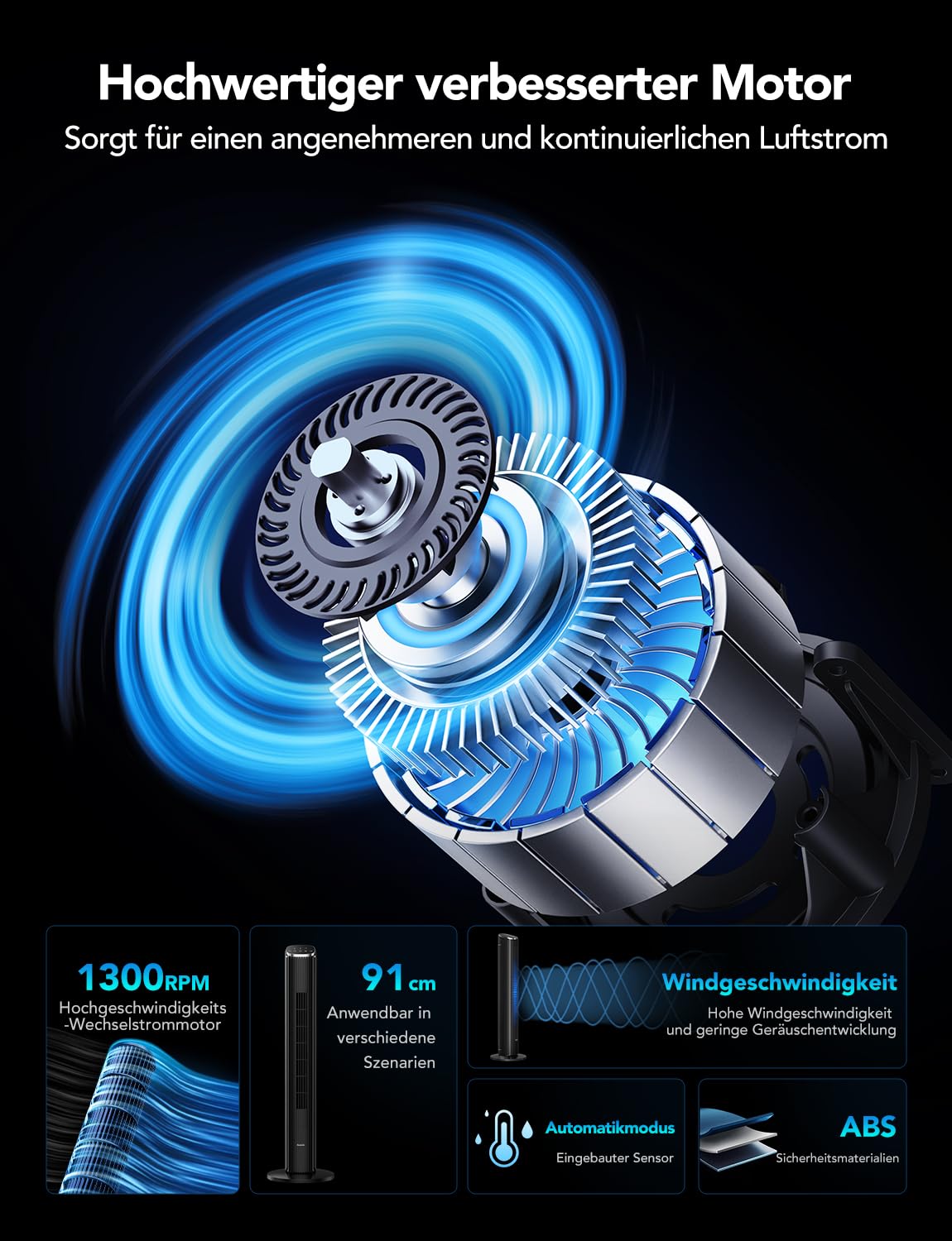 GoveeLife Intelligente leiser Turmventilator, 75° Oszillierende Ventilatoren mit App- und Sprachfernbedienung, 6.3m/s Geschwindigkeit 8 Geschwindigstufen 5 Modi 24 Std-Timer, mit Kühlung