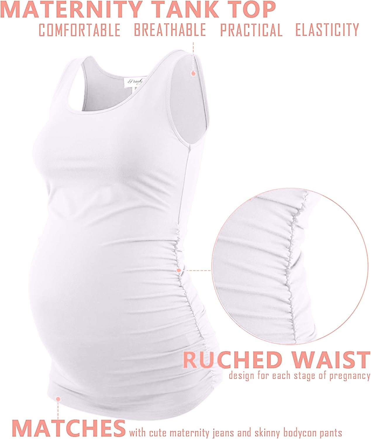 Peauty "Long Enough to Cover Hip Maternity Side Ruch Tank Tops/Basic Maternity Tops for Summer Casual Wear (S-3XL) - Image 3