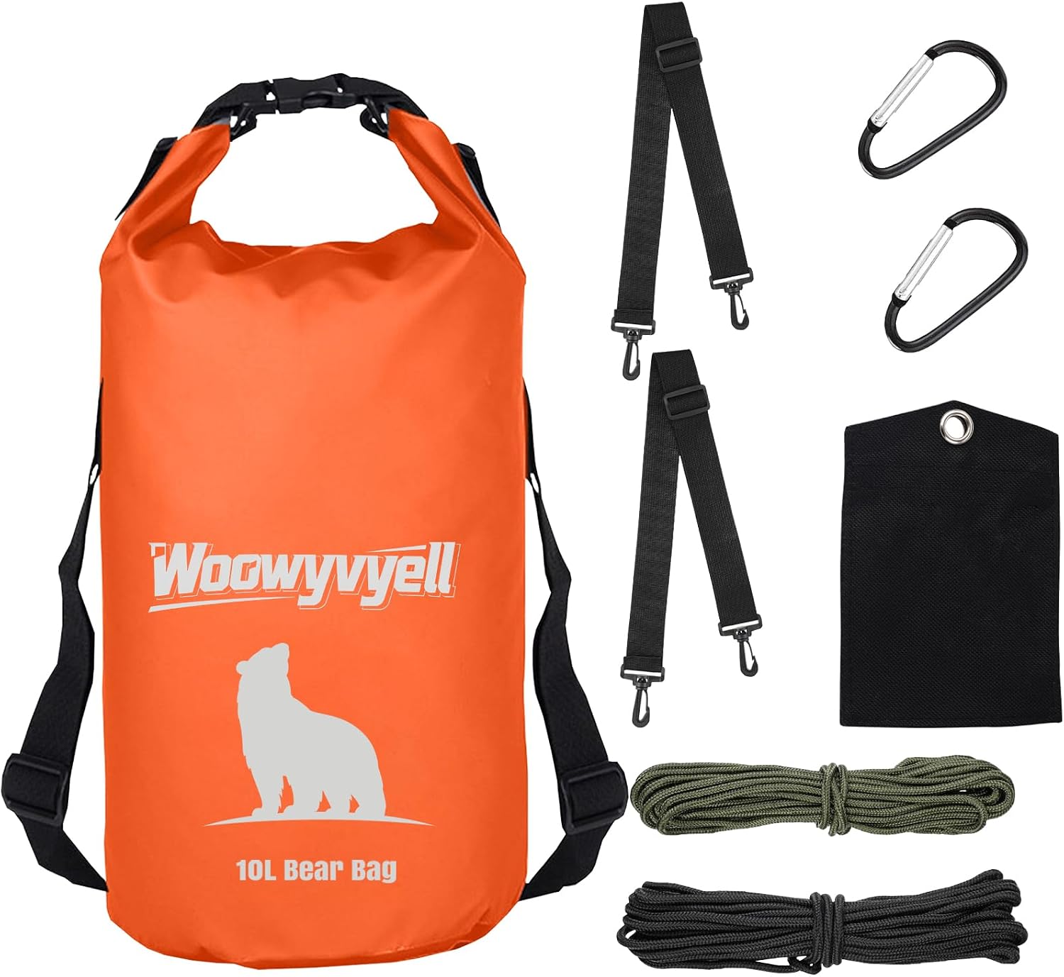 10L Waterproof Bear Food Bag Hanging Kit, Camping Ultralight Food Storage for Backpacking Camping, Bear Canister Pulley System with Nylon Ropes, Carabiners and Rock Pouch (Black)