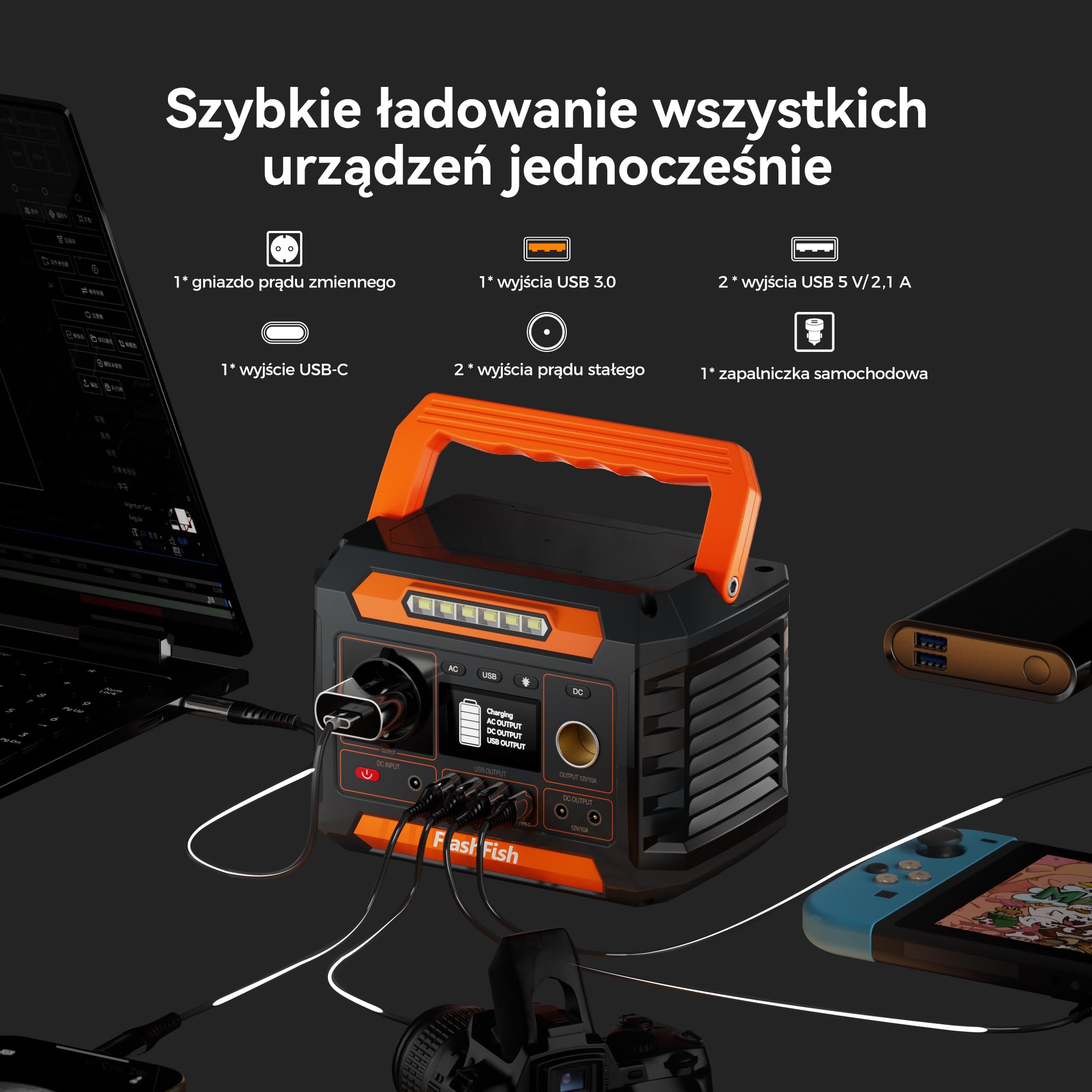 Przenośna elektrownia FlashFish 144,3 Wh z panelem słonecznym 60 W, generatorem słonecznym 200W z oświetleniem 230V AC/typ C/LED, akumulatorem zapasowym do biwakowania, podróży i zasilania awaryjnego