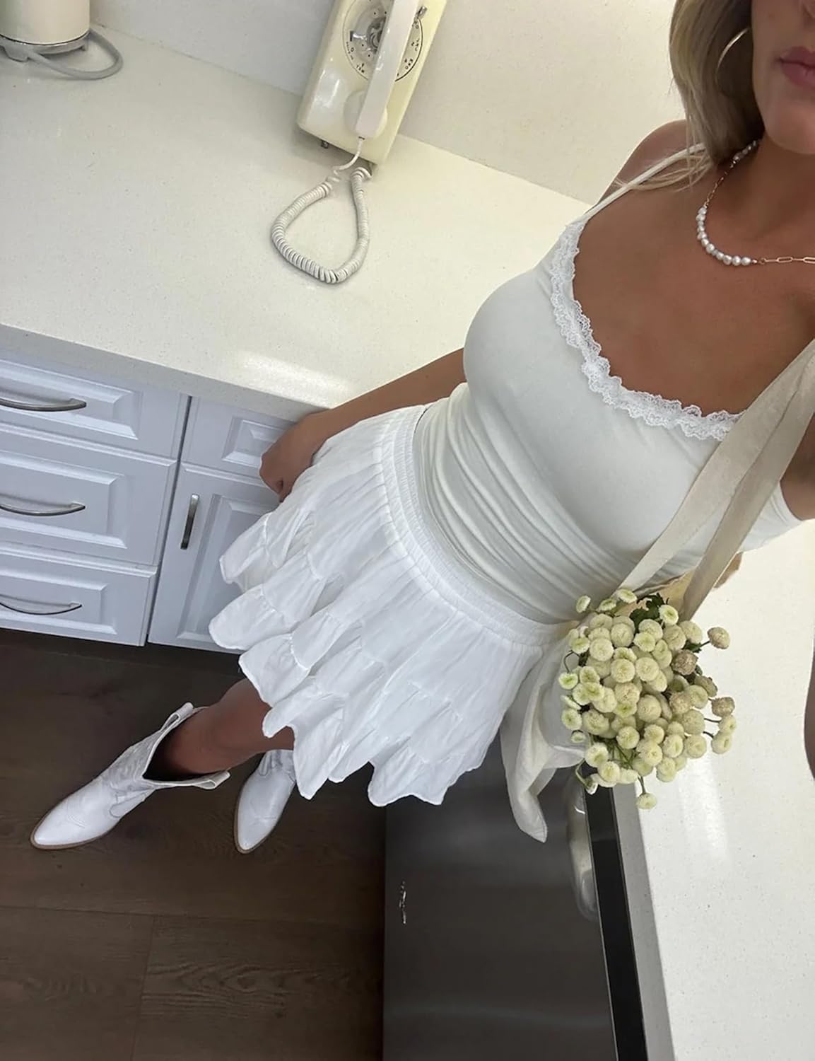 Tsher Women's High Elastic Waist Ruffle Casual Boho A-line Mini Skirts 0328 - Image 5