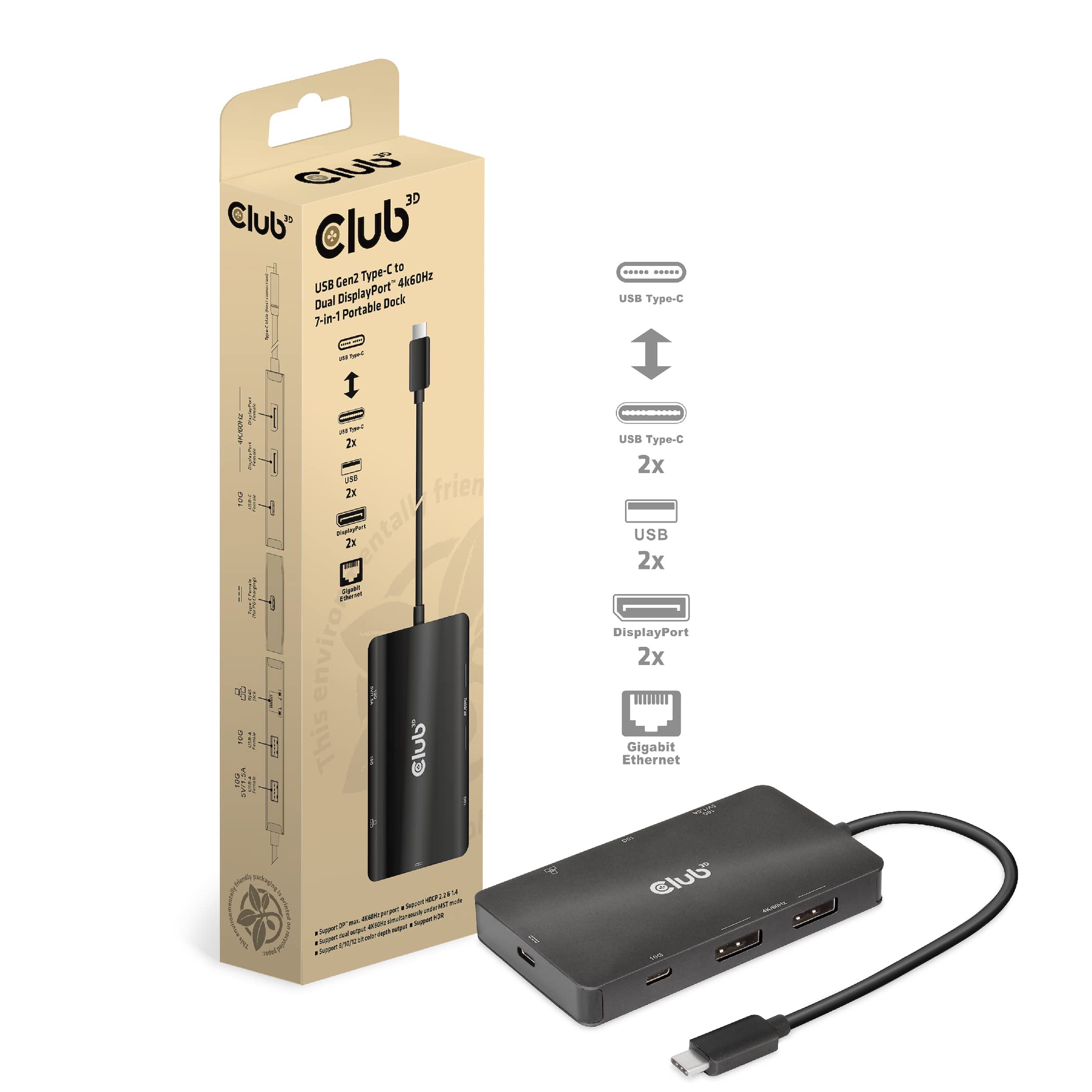 Club3D CSV-1598 USB Gen2 Type-C to Dual DisplayPort 4k60Hz 7-in-1 Portable Dock