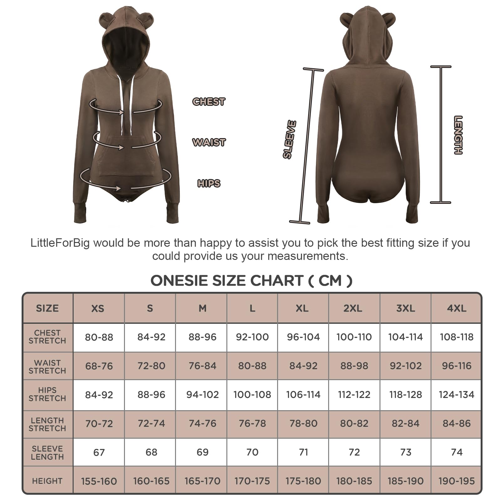 LittleForBig Bawełniany kombinezon jednoczęściowa piżama z kapturem body - przytulny miś bluza z kapturem Onesie