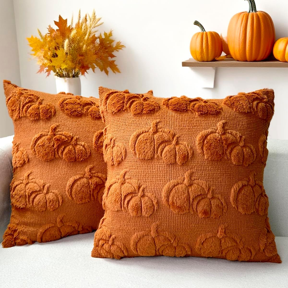 Booque Valley 4 Packs Fall Throw Pillow Covers Soft Plush Faux Fur 3D Embroidery Rust Pumpkin Decorative Pillowcases for Living Room Couch Bed Sofa, 18 x 18 inch, Harvest