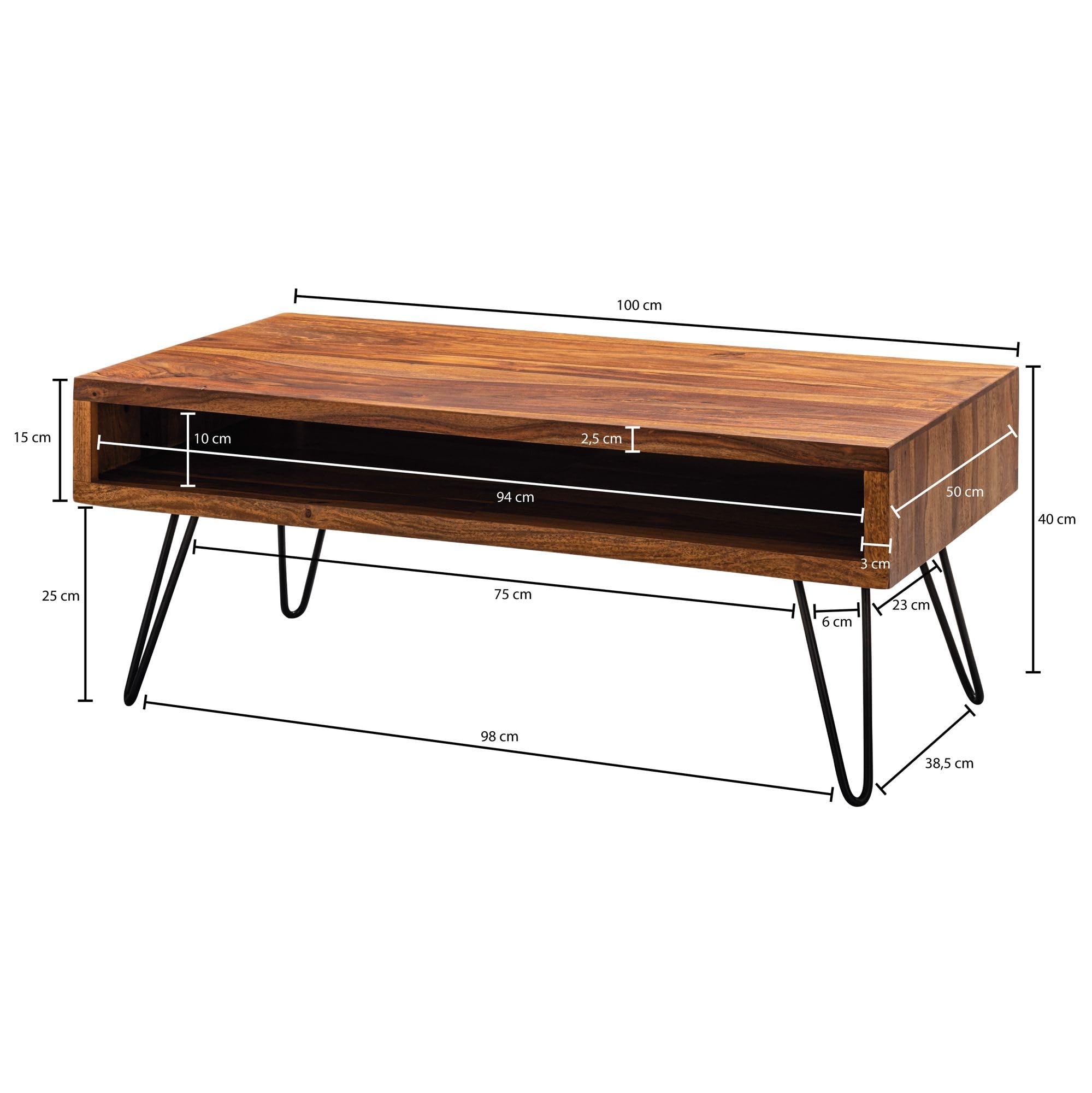 FineBuy Mesa de Centro Moderna 100x50x40 cm Madera Maciza de Sheesham y Metal | Mesa Auxiliar con Estante para Salón | Mesita Café Grande Rectangular para Sofá | Mesa rectangular industrial para sala de estar, mesa de sofá de madera real de segundo nivel,
