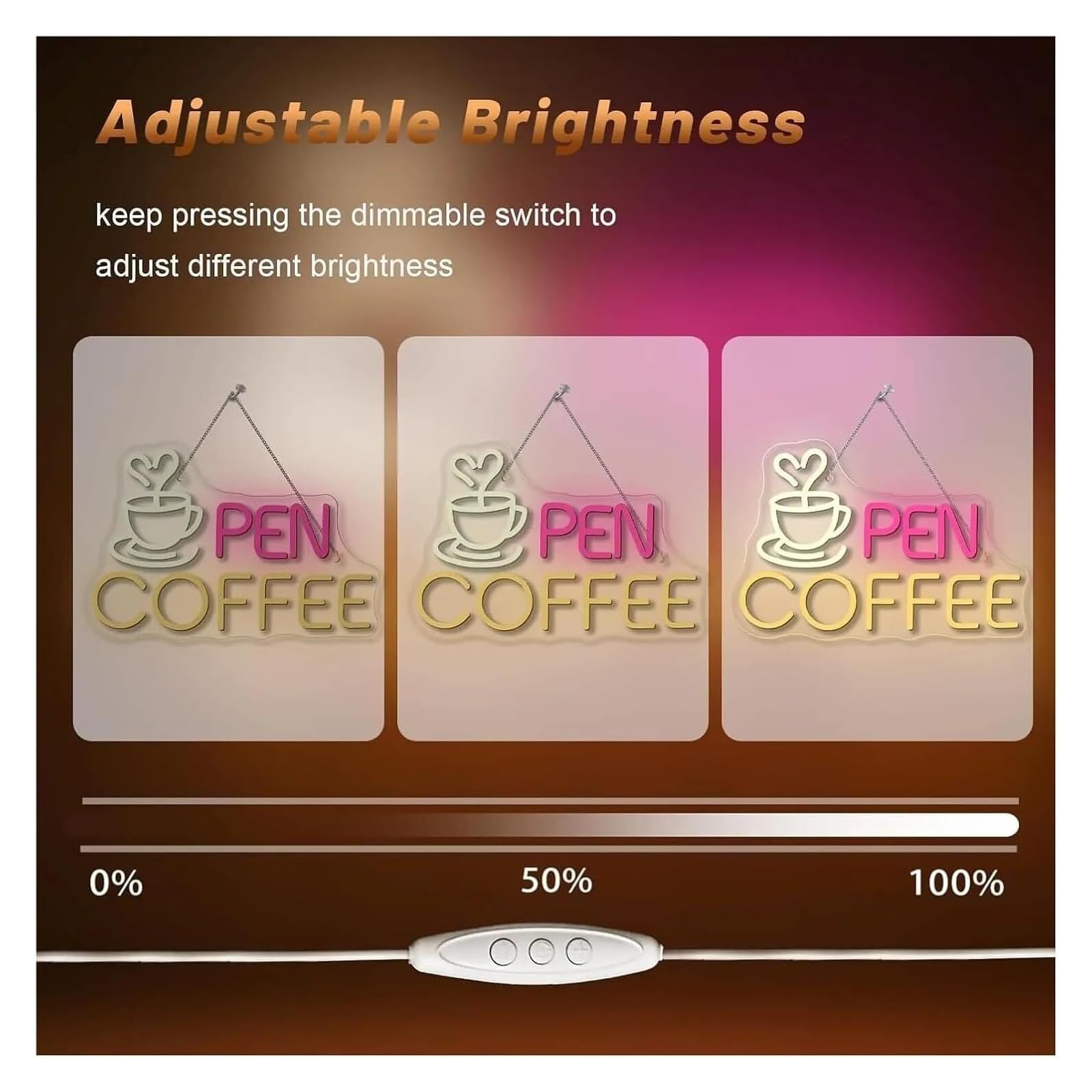Segno di luce al neon Insegna al neon con scritta "Coffee Open" dimmerabile, decorazione da parete per ambienti aziendali, 38 cm x 24