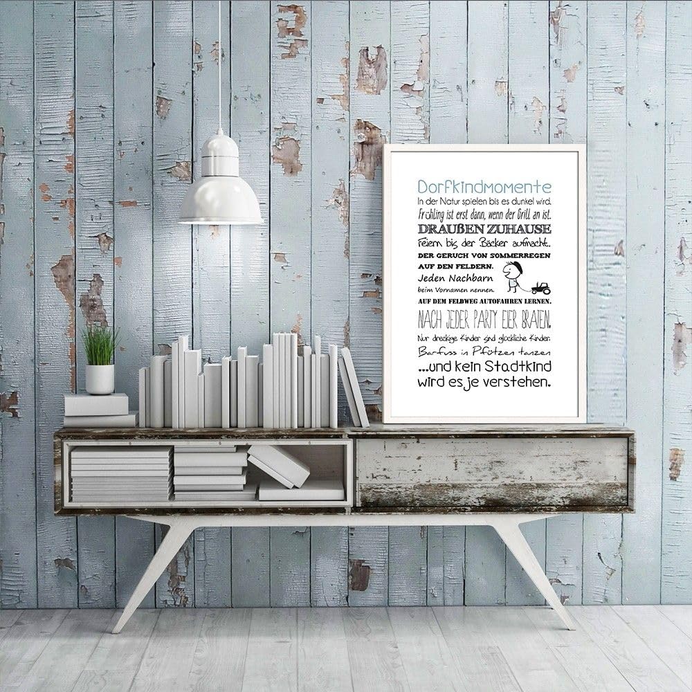 artissimo gerahmtes Poster mit Spruch 50x70 cm Dorfleben Dorfkind PE6032-ER – Bild mit Rahmen, skandinavisches Sprüchebild, Typografie Wandbild, Kunstdruck Hochformat, schawrz-weiß