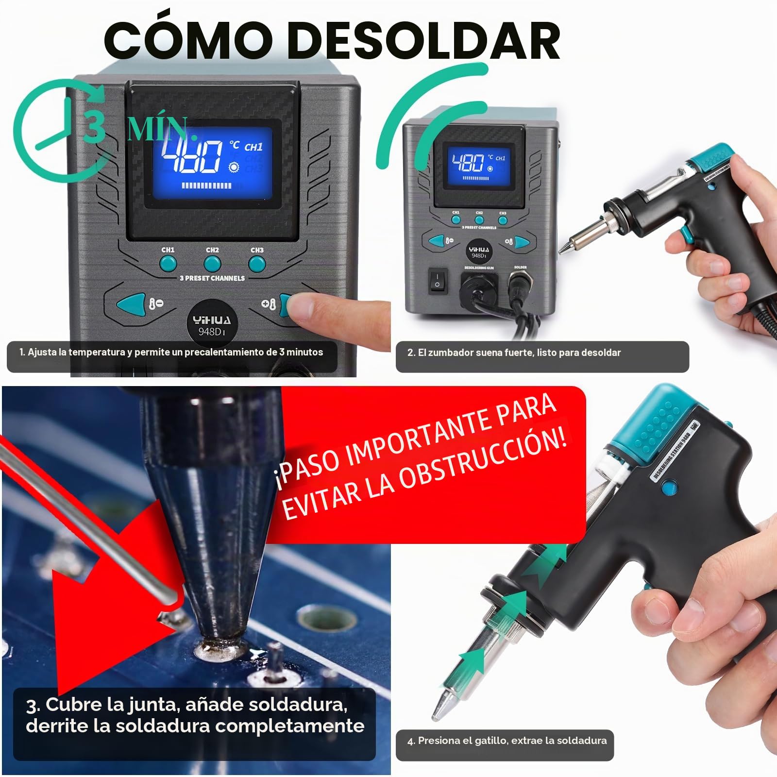 YIHUA 948D-I Estación de desoldador de 110 W de alto rendimiento, con protección ESD y control de temperatura ajustable de 380 a 480 °C,3 canales preestablecidos,modo de suspensión(enchufe de la UE)