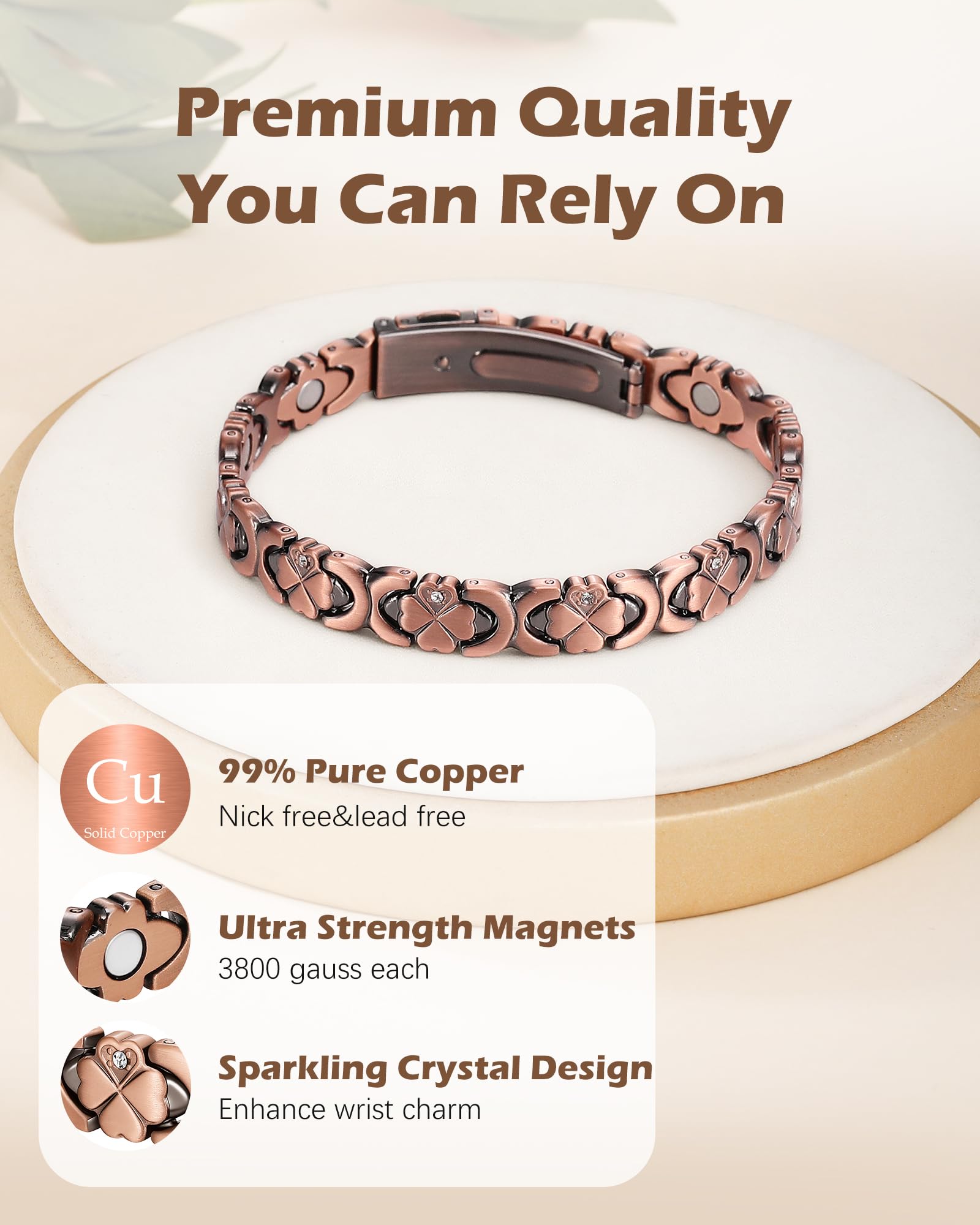 HHRFCS Kupferarmbänder für Damen, Magnetarmband mit 4 Magneten pro Glied und kreisförmig geschliffenen Kristallen, 99% reines Kupfer, Schmuckgeschenk