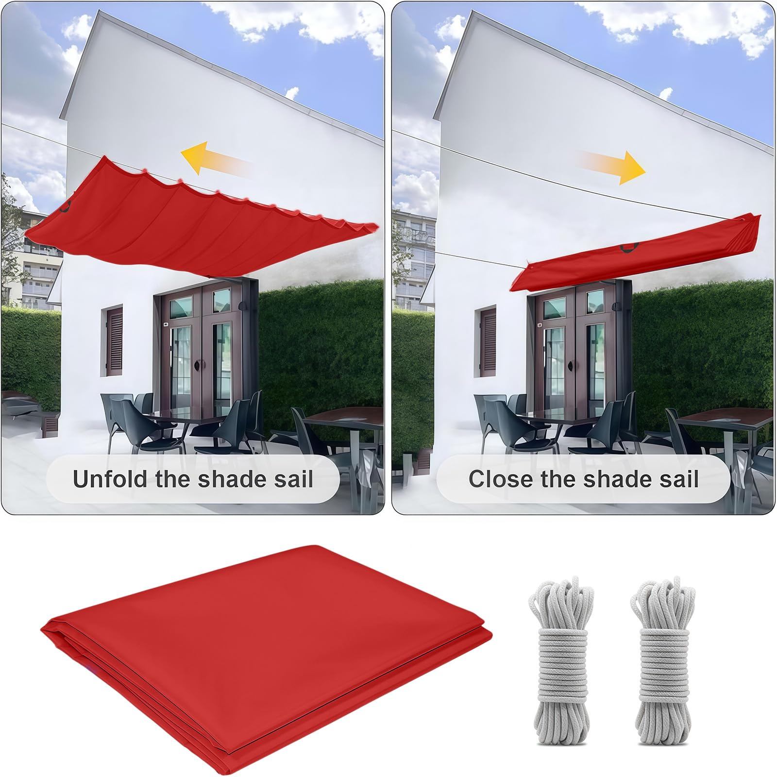 Einziehbares Sonnensegel 0.85 x 5 m Nach Maß, Sonnenschutz, Wasserdicht, 98% Uv-Schutz & Reißfest, Garten Verstellbar Schutz mit Ösen Und Kordel für Garten Terrasse, Rot