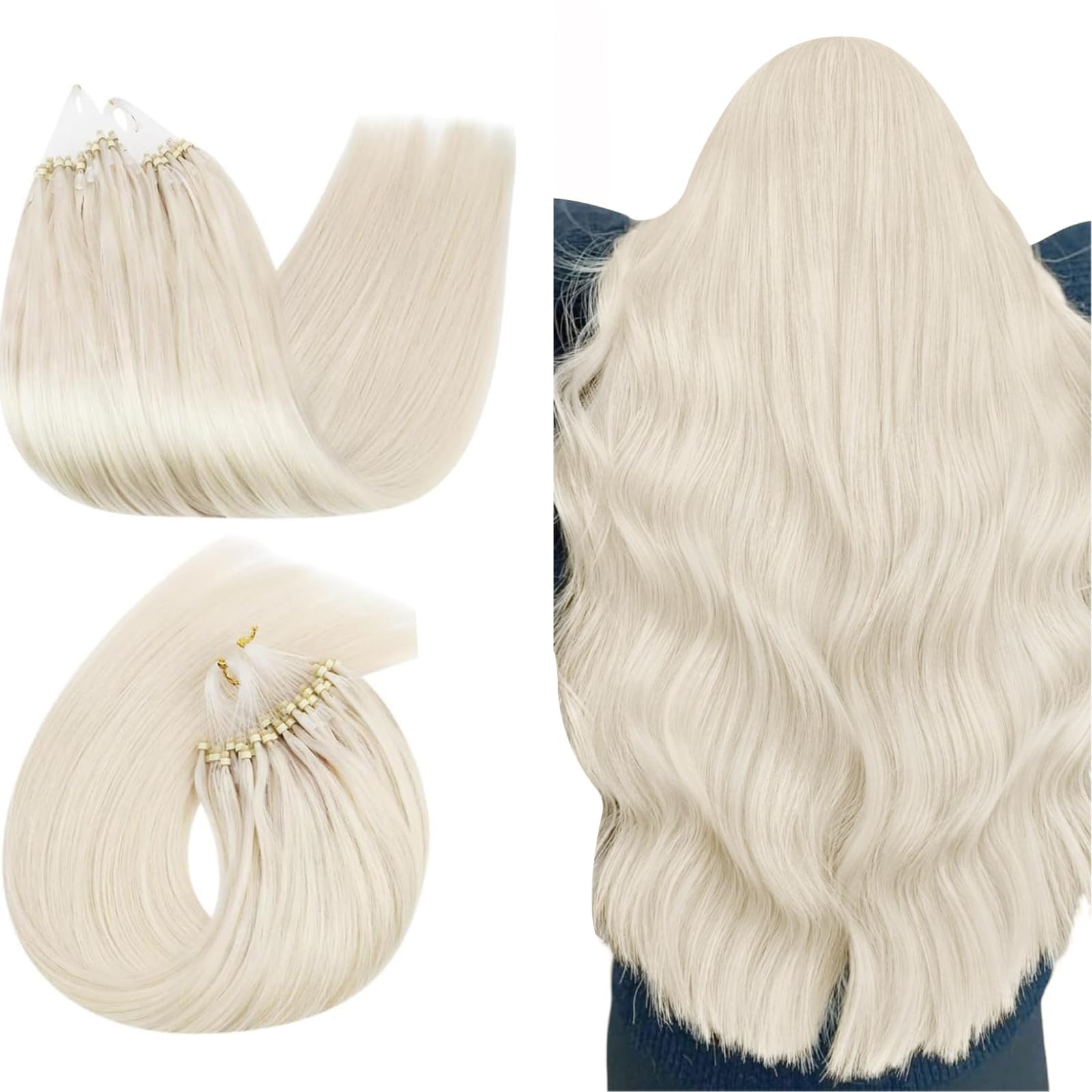 Ugeat Dopinki z mikro-ringami, prawdziwe włosy, blond, 45 cm, platynowy blond, gładkie, mikro-przedłużanie włosów, blond, miękki, mikro-ringi, dla kobiet, 50 g, 50 pasemek, 60 A
