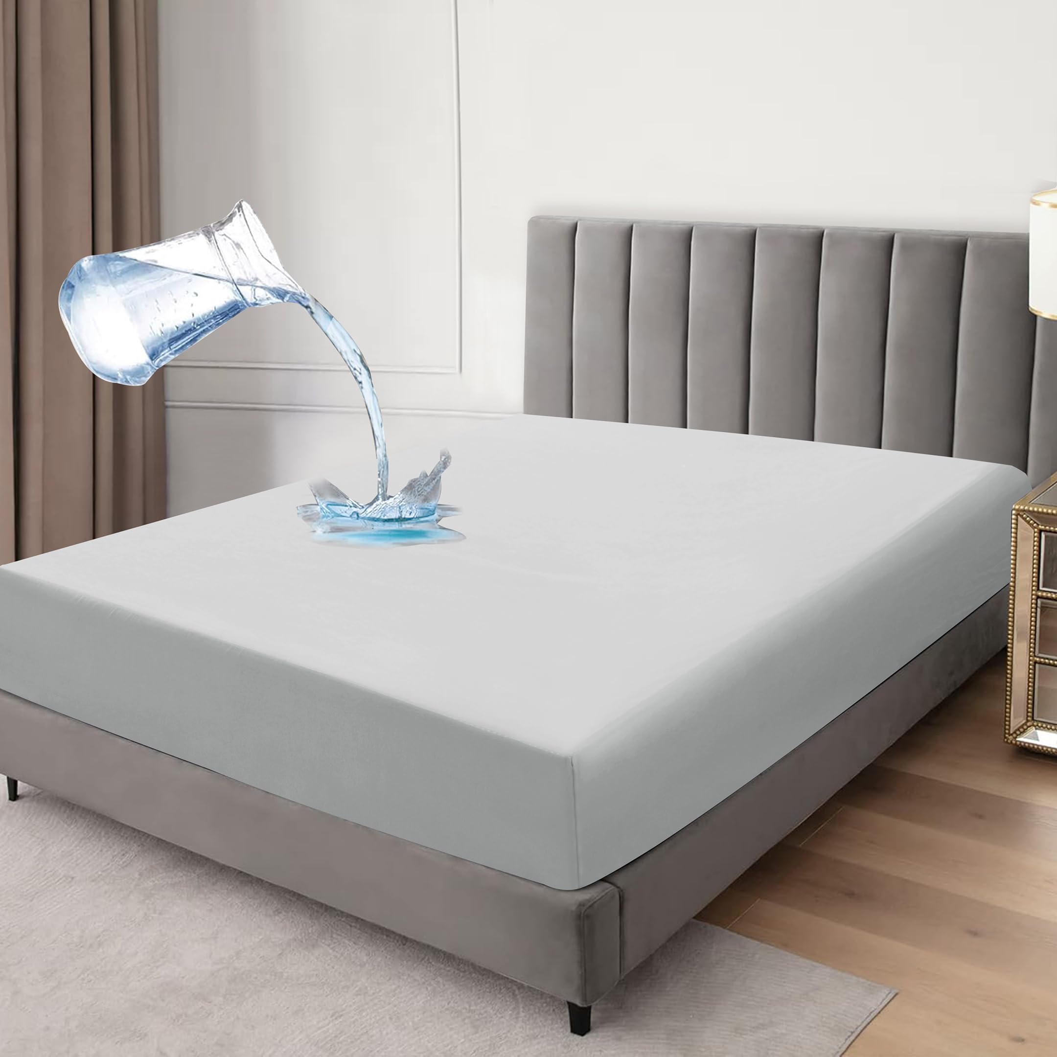 Waterproof Fitted Sheet Mattress Protector, Microfiber, Breathable Crinkle Free Deep Pocket 30cm Single Double King Super King (Silver, Double) โ image 1