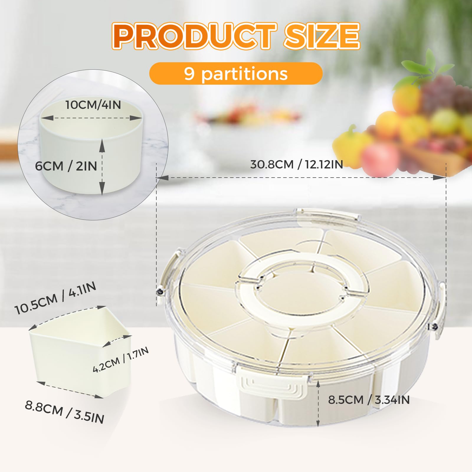 Dazhtu Snackschaal met deksel, 30,7 cm, ronde snackbox met 9 vakken, snackbord, opbergdoos met handvat, rechthoekig, geschikt voor het bewaren van snoep, fruit, geschikt voor picknicks Dazhtu Snackschaal met deksel, 30,7 cm, ronde snackbox met 9 vakken, snackbord, opbergdoos met handvat, rechthoekig, geschikt voor het bewaren van snoep, fruit, geschikt voor picknicks