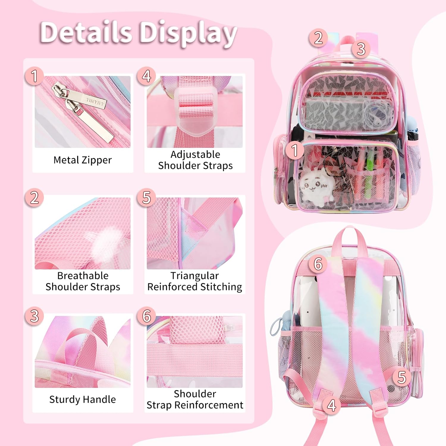 TINYAT Heavy Duty Clear Backpack for Stadium Events Transparent Backpack for Women See Through Bookbag Cute Clear Plastic Bag - Image 4