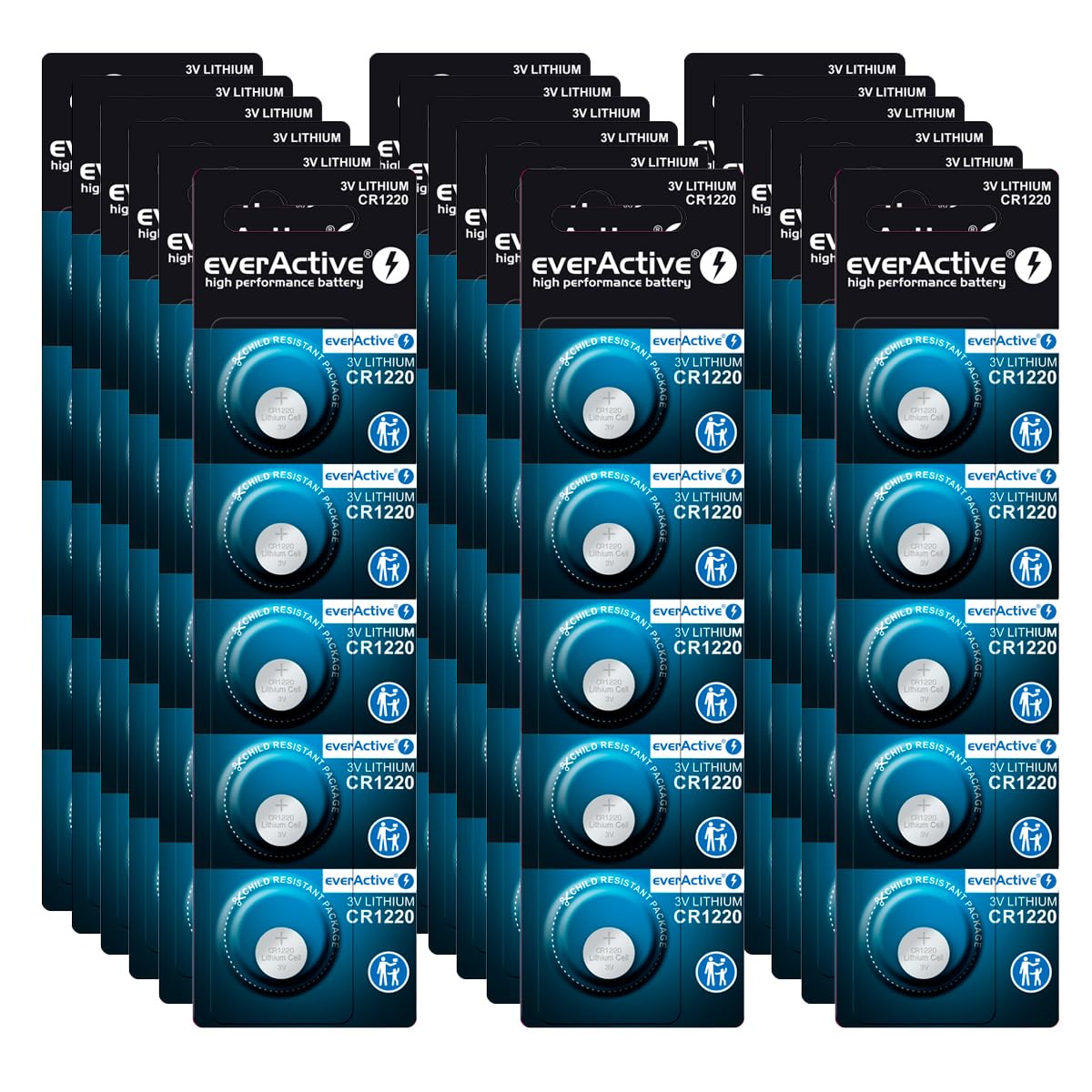 everActive CR1220, 3V, Lithium Knopfzelle Batterien, leistungsstärkste Batterie, 10 Jahre Haltbarkeit, 100 Stück -20 Blisterkarten