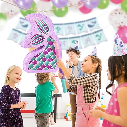 Miniatura 28 de WERNNSAI - Piñata de sirena plegable, piñata de cumpleaños con flecos que incluye cuerda para jalar, venda y bate. Decoraciones