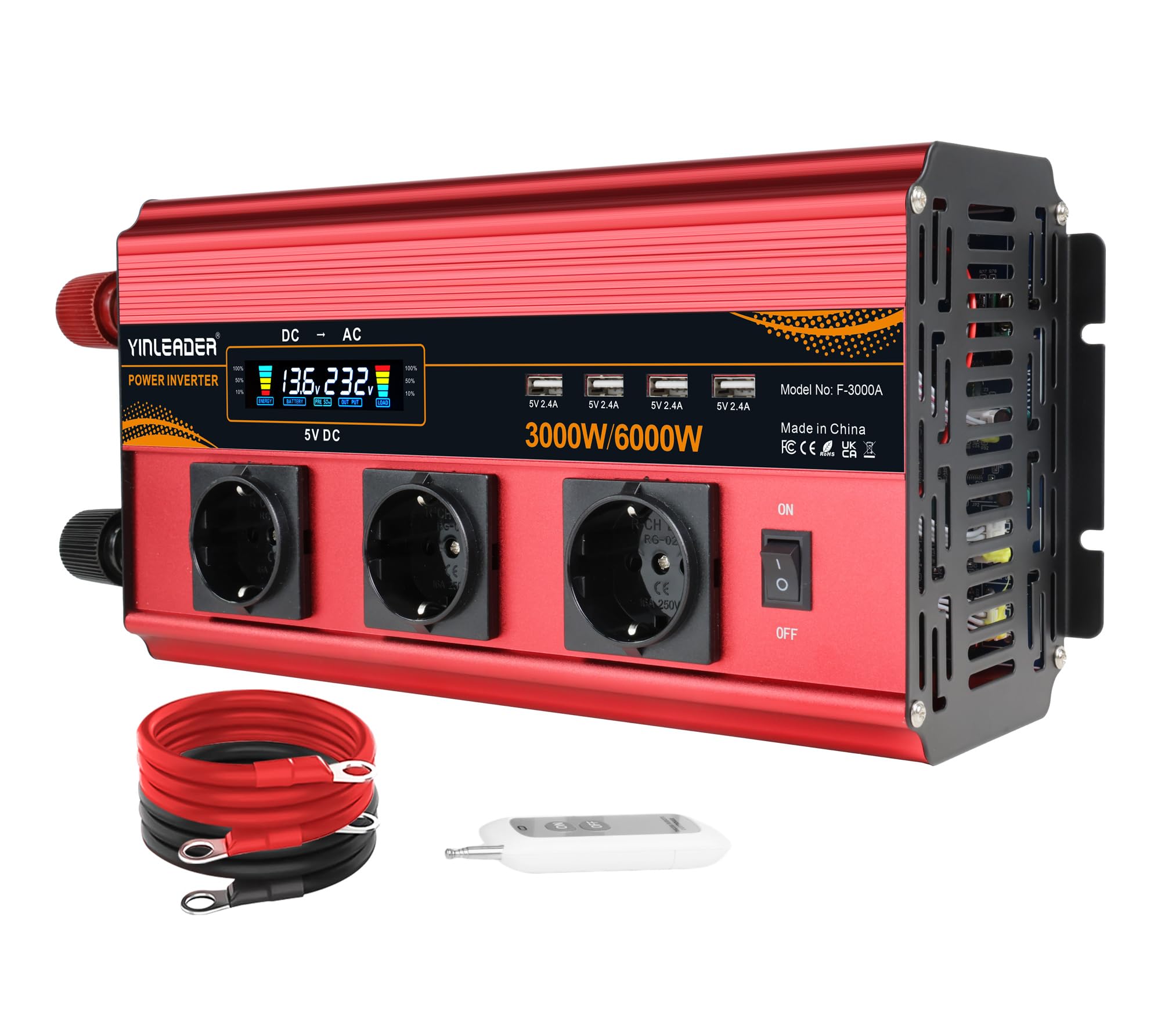Yinleader Convertisseur 12v 220v 3000W onduleur télécommande 4 x USB et LCD 3 Prises AC