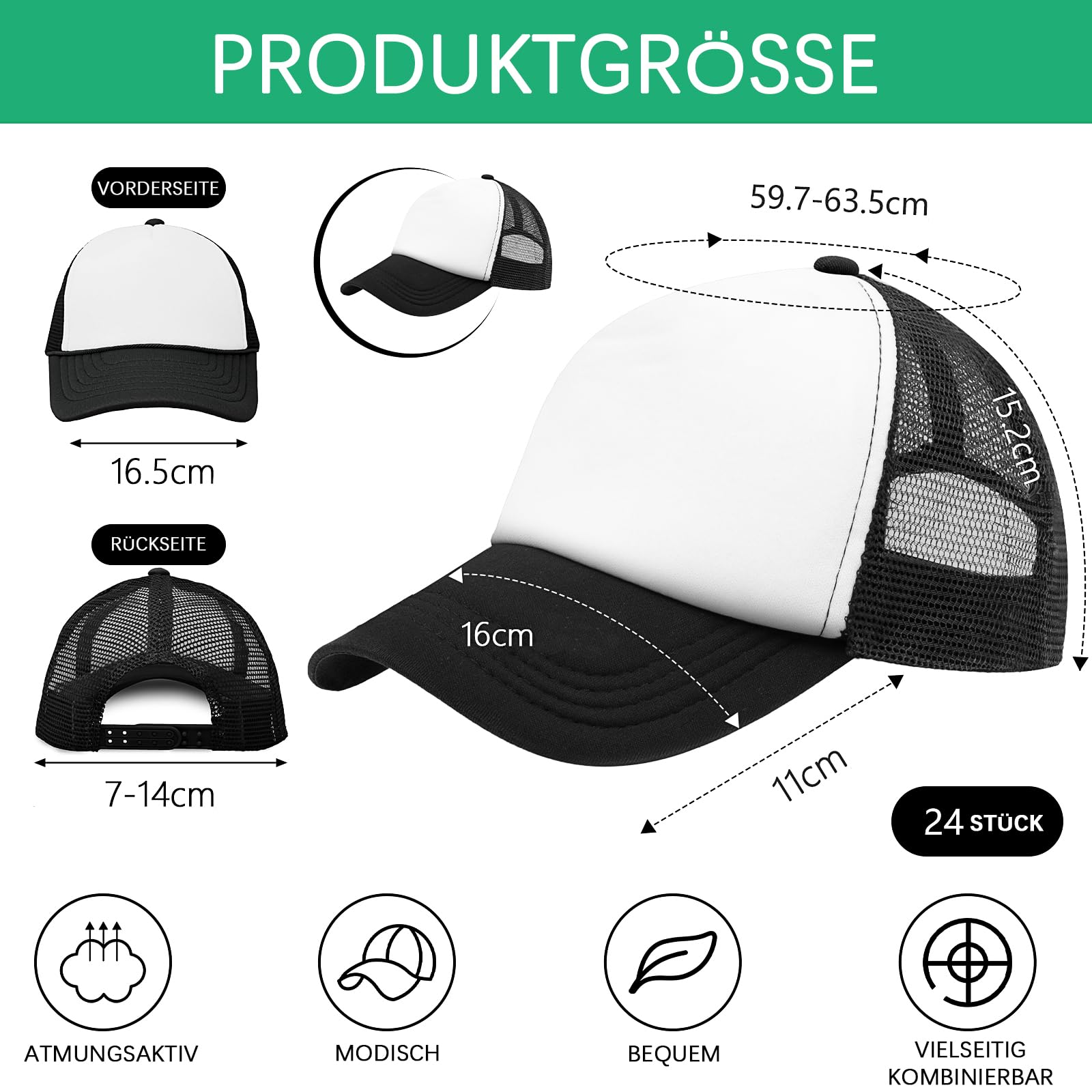 24 Stück Sublimation Rohlinge Kappe, Kinder Basecaps, Schwarz-Weiß, blanko | Trucker-Caps für Sublimationsdruck, DIY-Motive und personalisierte Projekte – geeignet für Basteln, Gruppen und Events