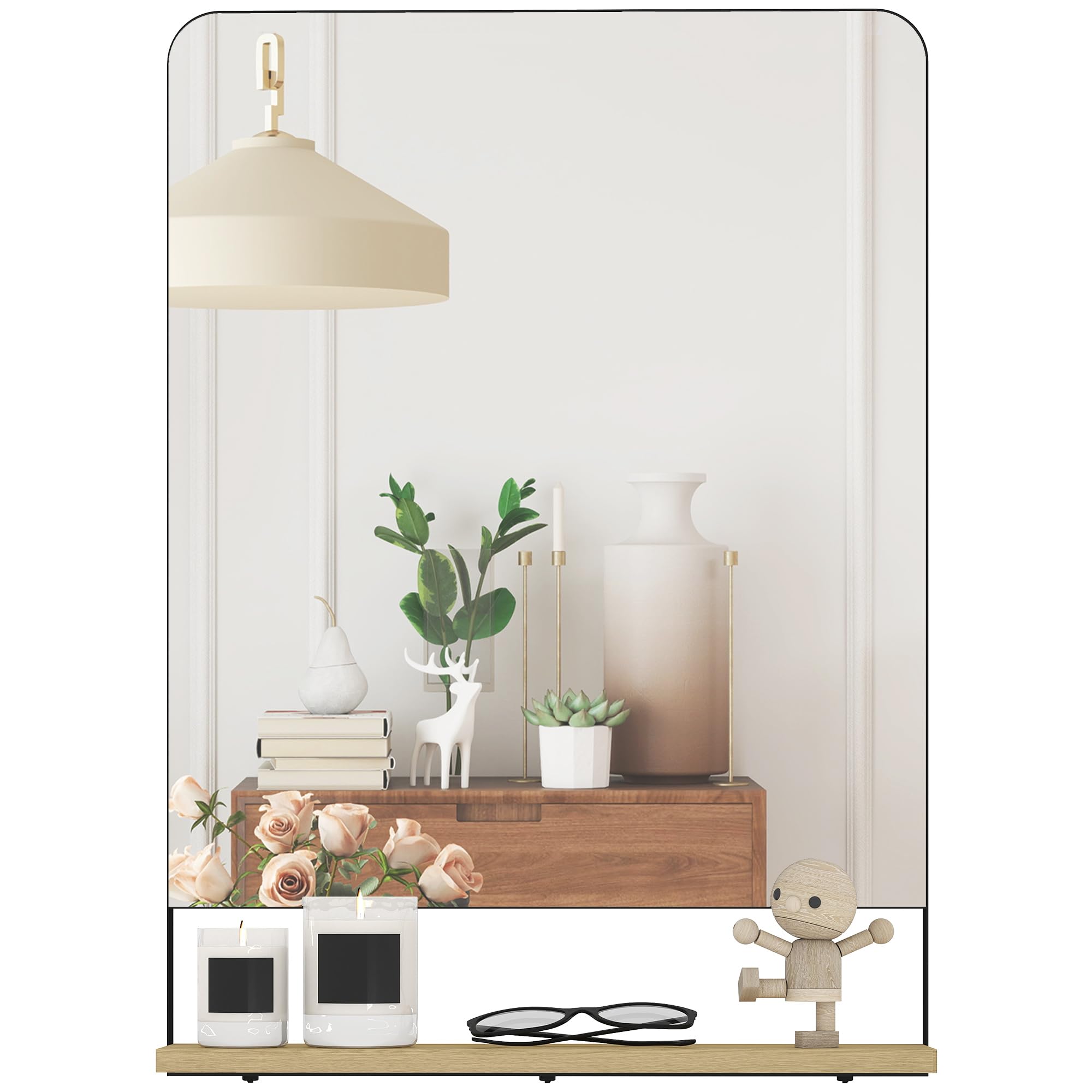 HOMCOM Wall Mirror with Wood Shelf, 70 x 50 cm Decorative Rectangular Mirror with Metal Frame for Entryway, Living Room, Bathroom, Black