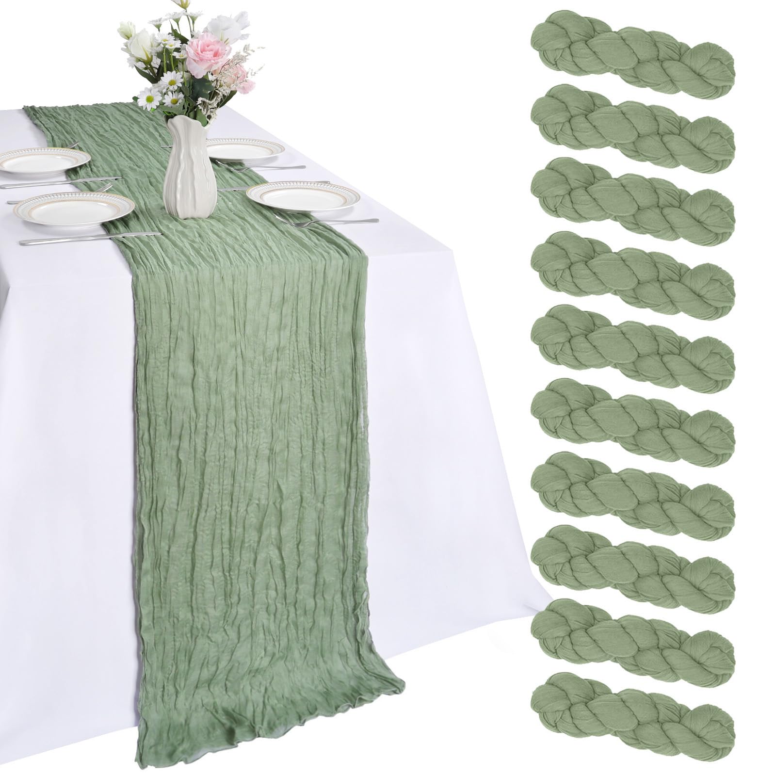 Photo 1 of 10 Pack Sage Green Table Runner 10ft Cheesecloth Table Runner 120 Inch Gauze Boho Rustic Sheer Cheese Cloth for Summer Banquet Picnic Baby Shower Party Wedding Holiday Décor