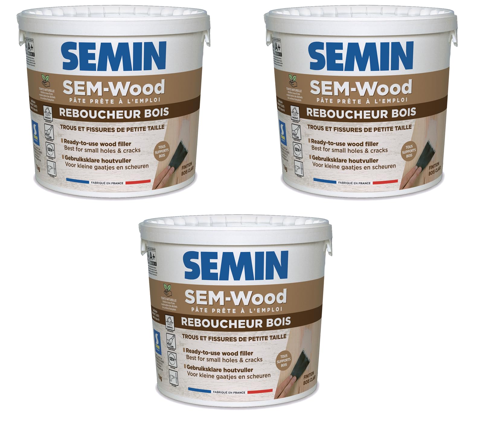 Semin - Reboucheur Bois - Sem Wood - Traitement des Trous et Fissures - Intérieur/extérieur - Finition Bois Clair - Prêt à l’emploi - Seau de 1 kg (Lot de 3)