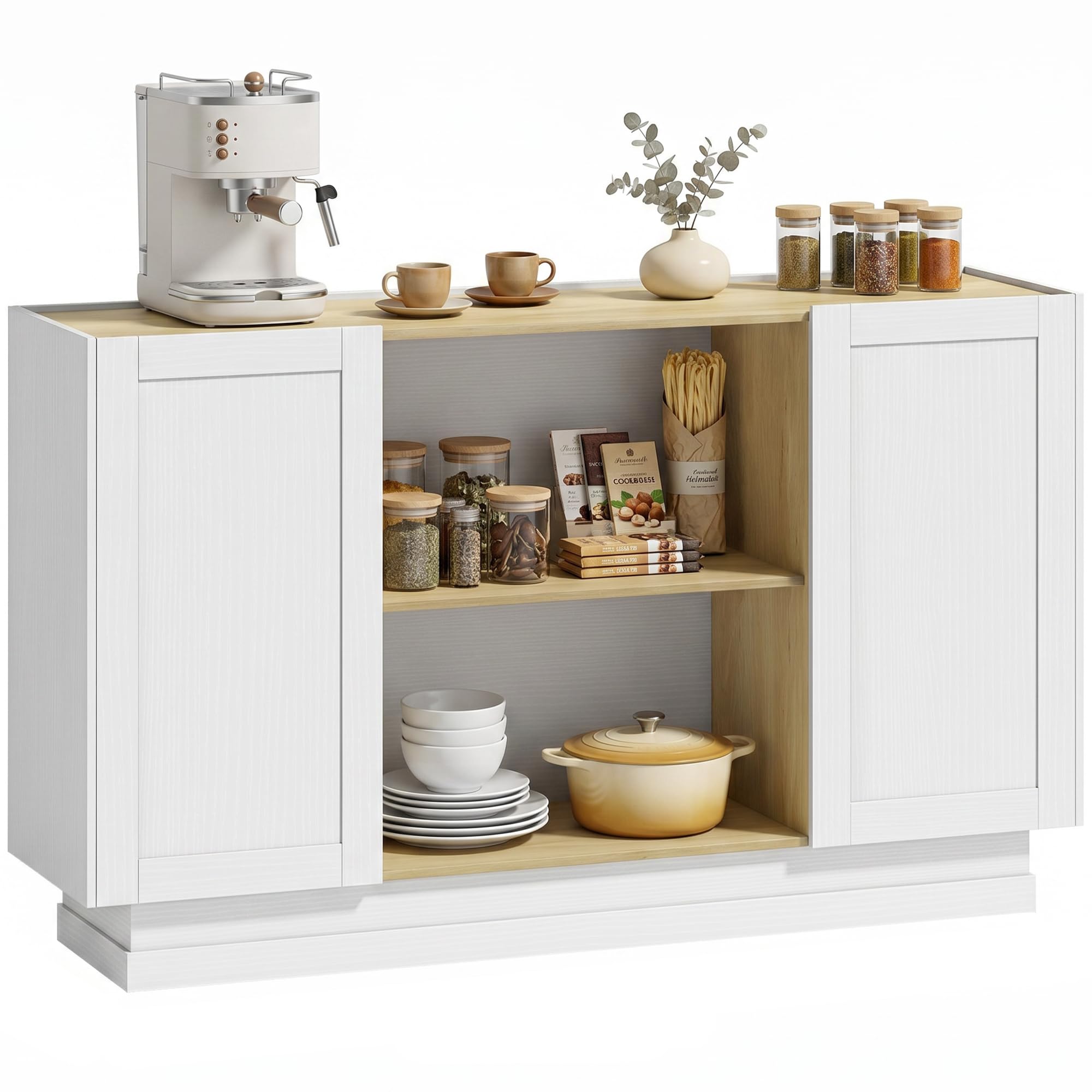 HOMCOM Aparador con 2 Estantes Abiertos 133x35x79,7 cm Natural y Blanco | Armario de Cocina Moderno, 2 Puertas de Cierre Suave, Mueble de TV para 60 Pulgadas, para Salón, Comedor