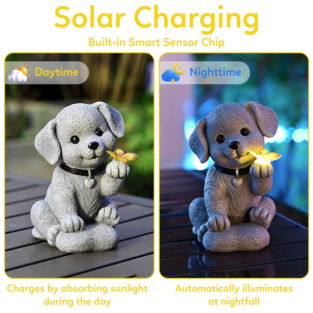 Figurine de Chien Solaire, Statue Solaire de Jardin Chien Ornament Outdoor avec Papillons Figurine d'animal de Jardin Lumière Solaire Statue Jardin Exterieur pour Cadeau de Pendaison de Crémaillère