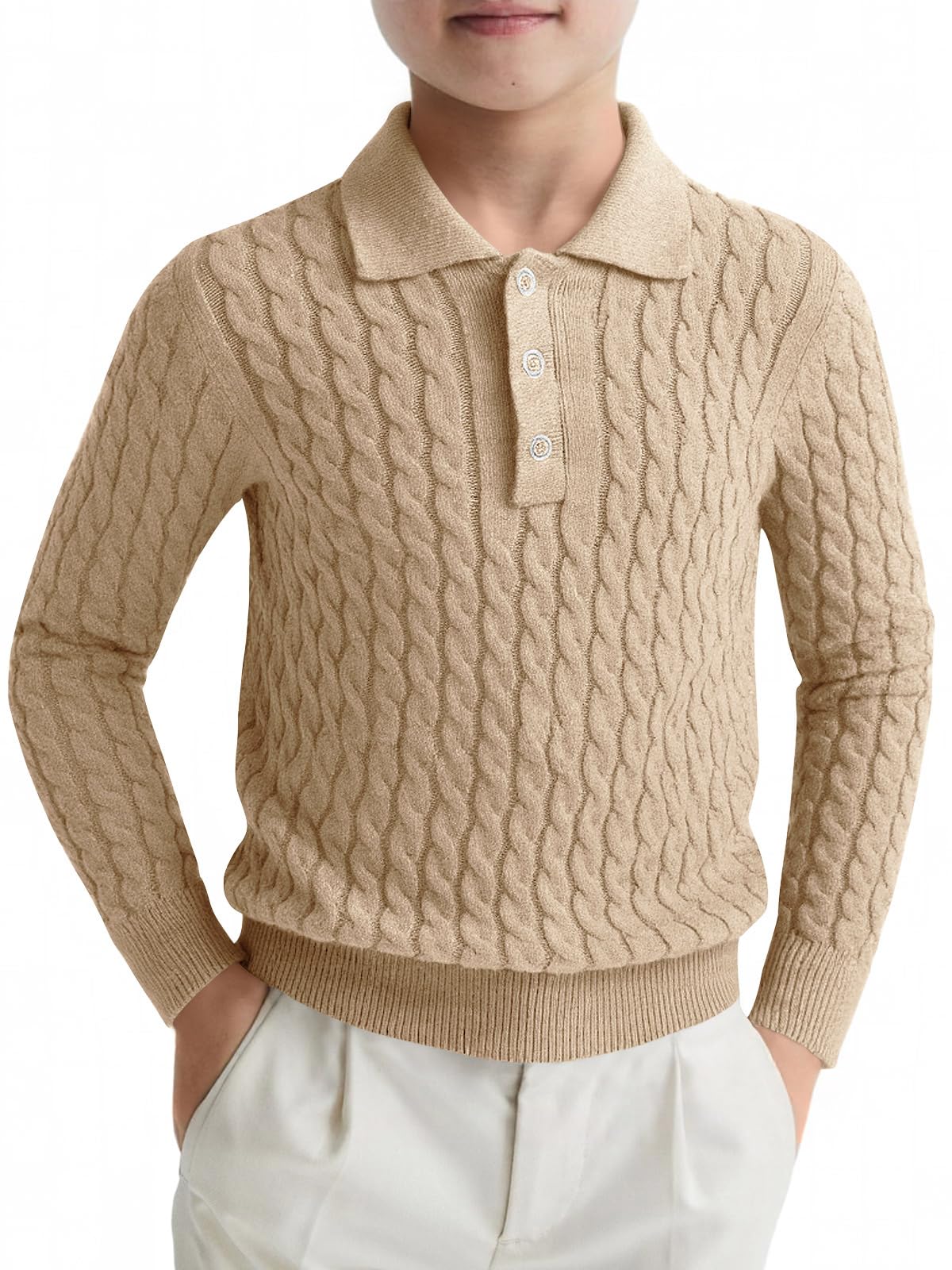 Haloumoning Boys Cable Knit Polo Shirt Kids Long Sleeve Sweater 5-14 Years