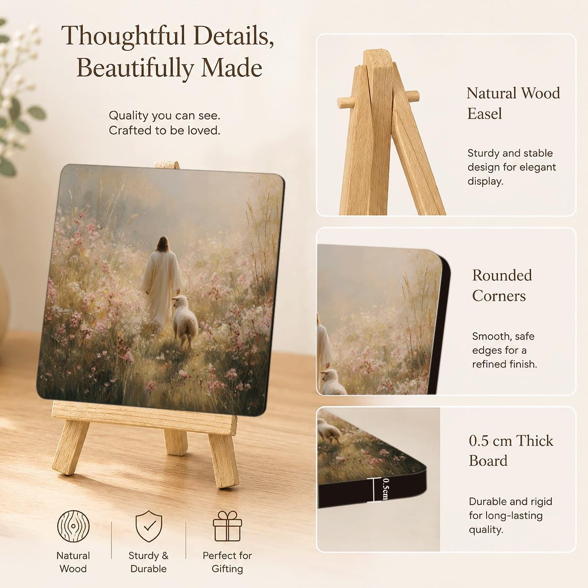 Jesus and Lamb Wooden Tabletop Sign, Christian Home Desk Decor, The Lost Sheep Painting Small Art Plaque with Tabletop Easel, Bedroom Office Shelf Decor, Religious Gift image 3