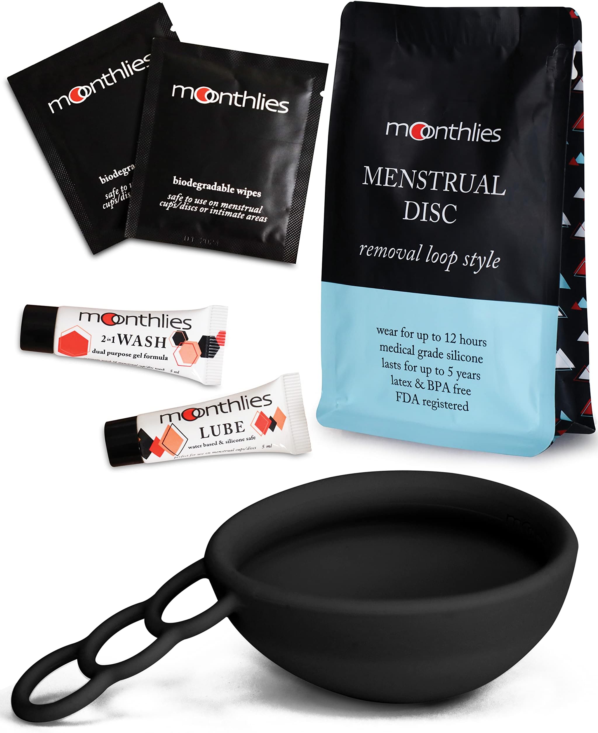 MOONTHLIES Reusable Menstrual Disc | Period Disc with Removal Loop Stem | Alternative to Menstrual Cups for Light or Heavy Flows | Eco-Friendly Feminine Hygiene (1 Small Period Disc, Black)