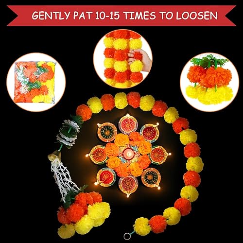 Miniatura 3 de Paquete de 10 guirnaldas de caléndula de 5 pies de largo, flores de caléndula sintética, decoraciones de boda india, guirnalda de flores para Pooja