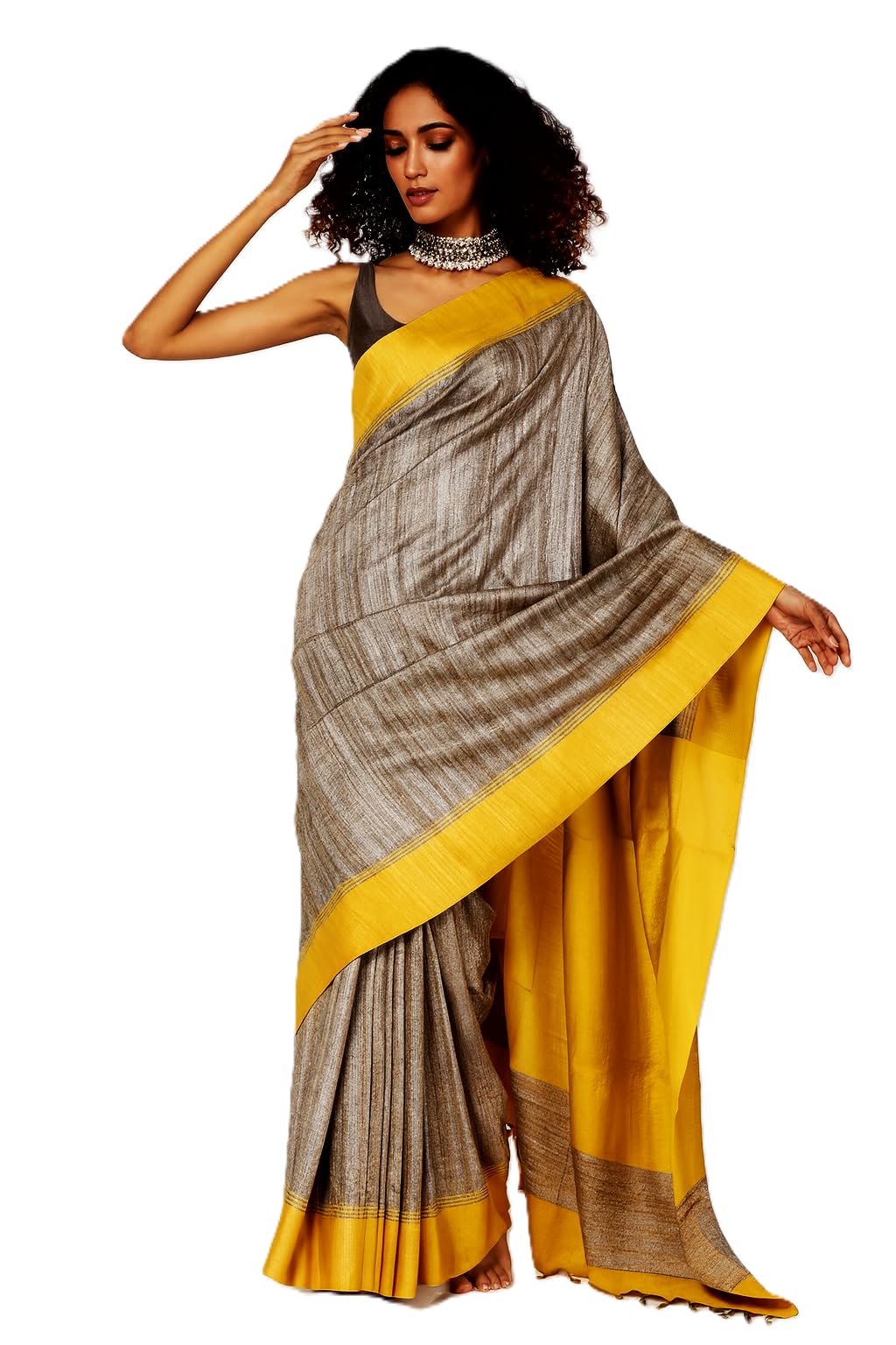 Handwoven Khadi Cotton Saree, Grey with Yellow Border and Pallu, Lightweight-picture-55