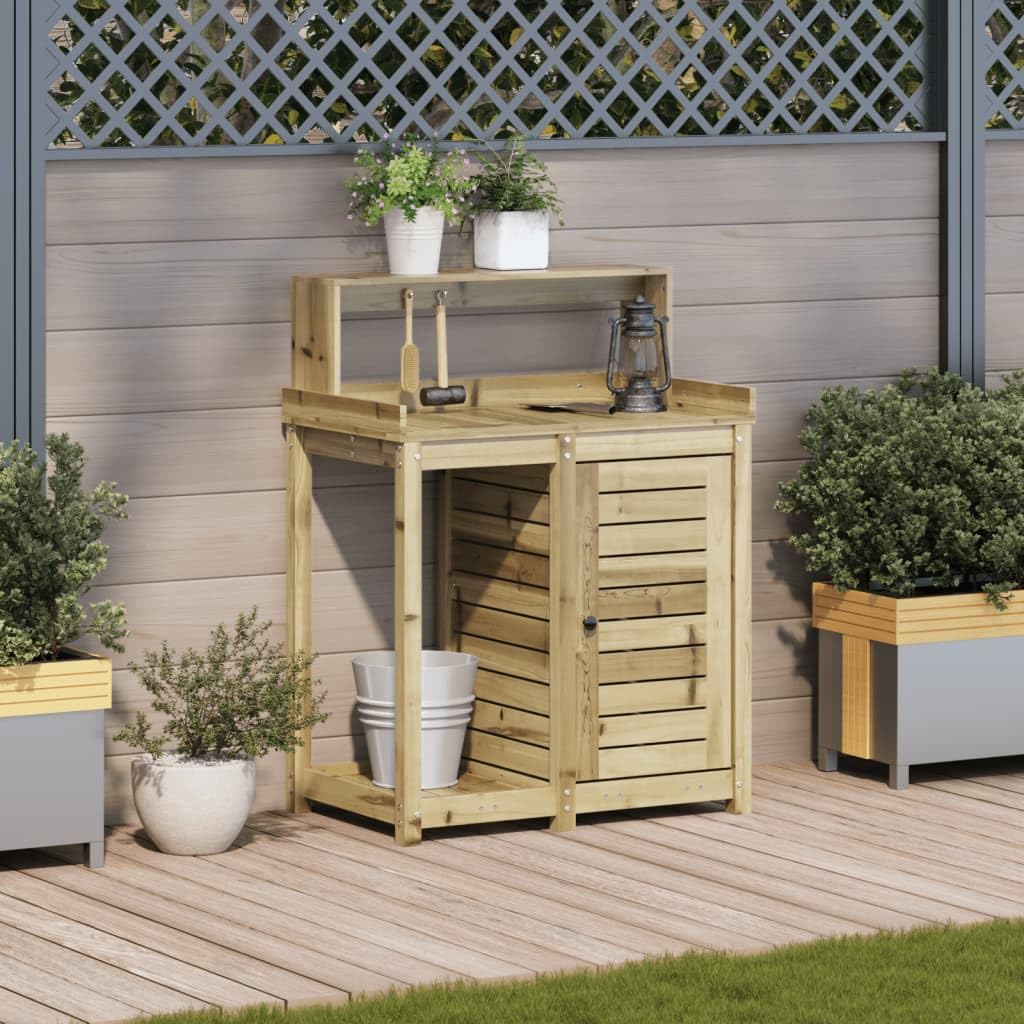 Gecheer Tavolo Invaso con Ripiani e Armadietto,Tavolo da Lavoro per Giardino,Tavolo per Piante,Banco da Lavoro da Giardino,Tavolo Invasatura,Banco da invasatura,82,5x50x109,5cm Legno Impregnato Pino
