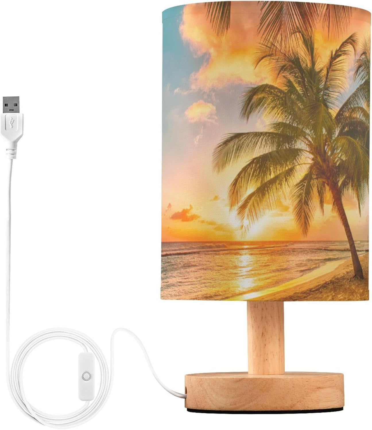 Table Lamp Beautiful Sunset Palm Tree on Ocean Beach Tropical Sea Sky Nightstand Lamp with Wood Base Fabric Lamp Shade Bedside Desk Lamp for Living Room Bedroom Kids Room Office