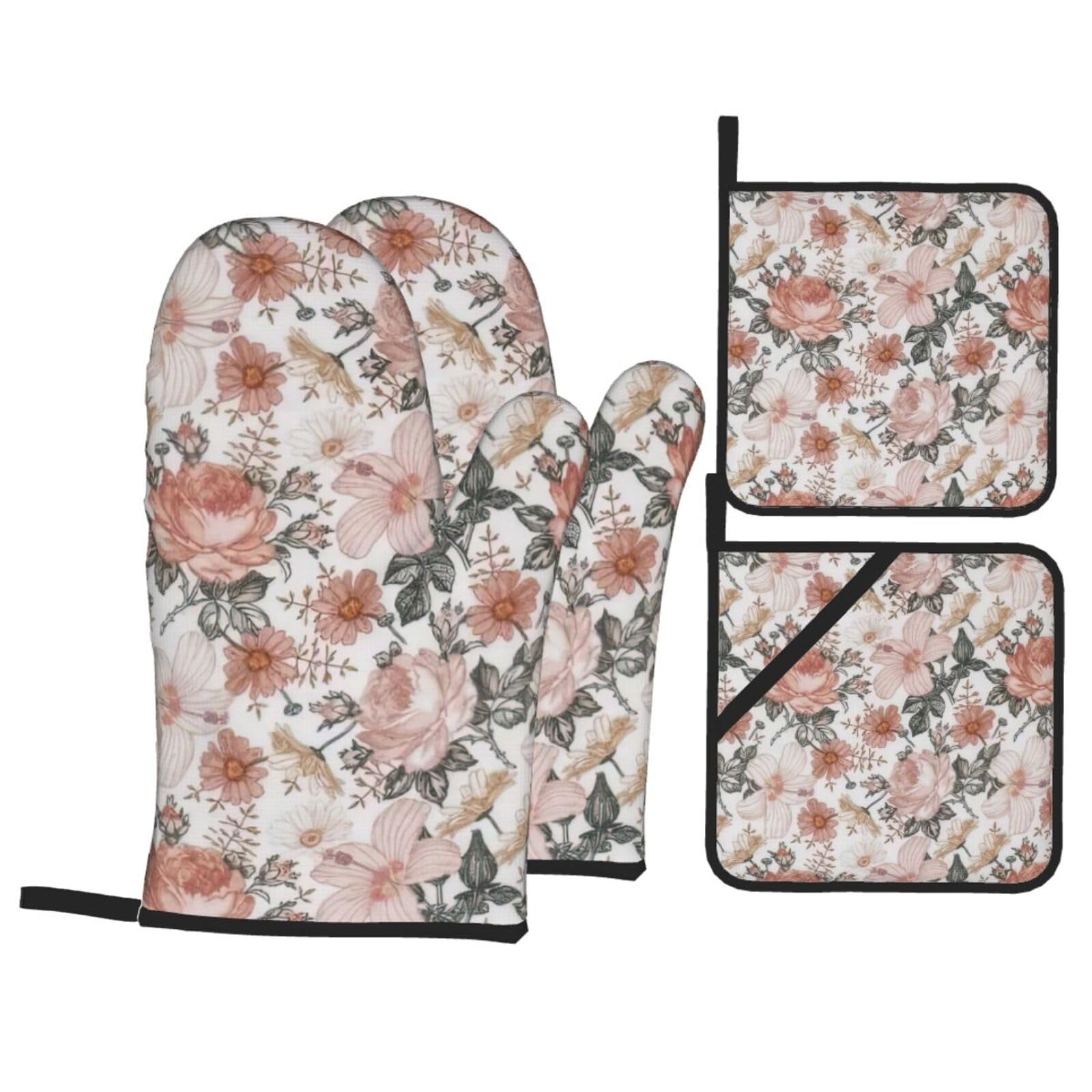 Flower Paris Eiffel Tower Print 4-Piece Oven Microwaving Set Waterproof Kitchen Gloves for Baking Grilling Cooking