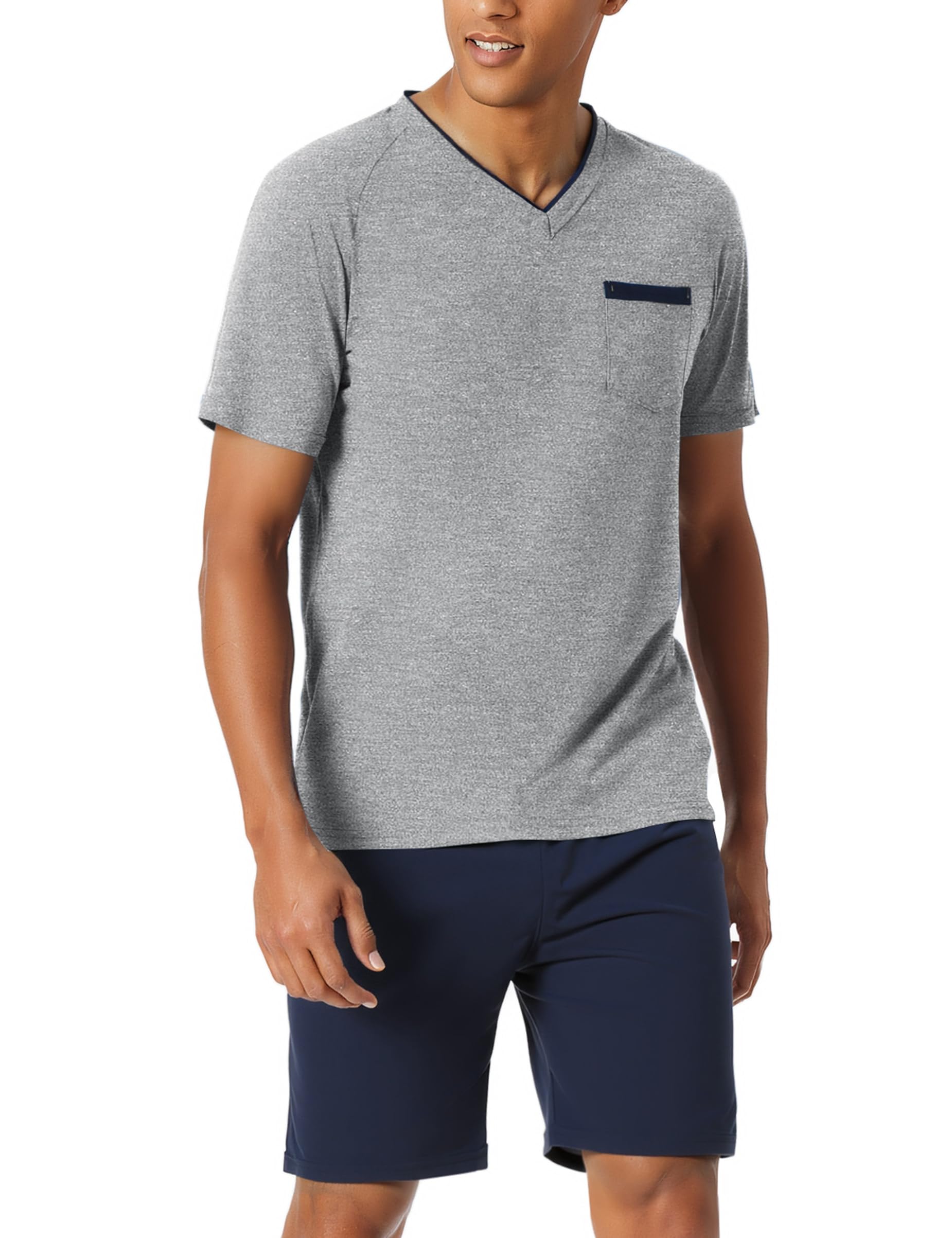 Bresdk Schlafanzug Herren Kurz Sommer Pyjama Set Baumwolle Shorty Kurzer Schlafanzüge mit V-Ausschnitt Schlafanzughose Zweiteilig Set