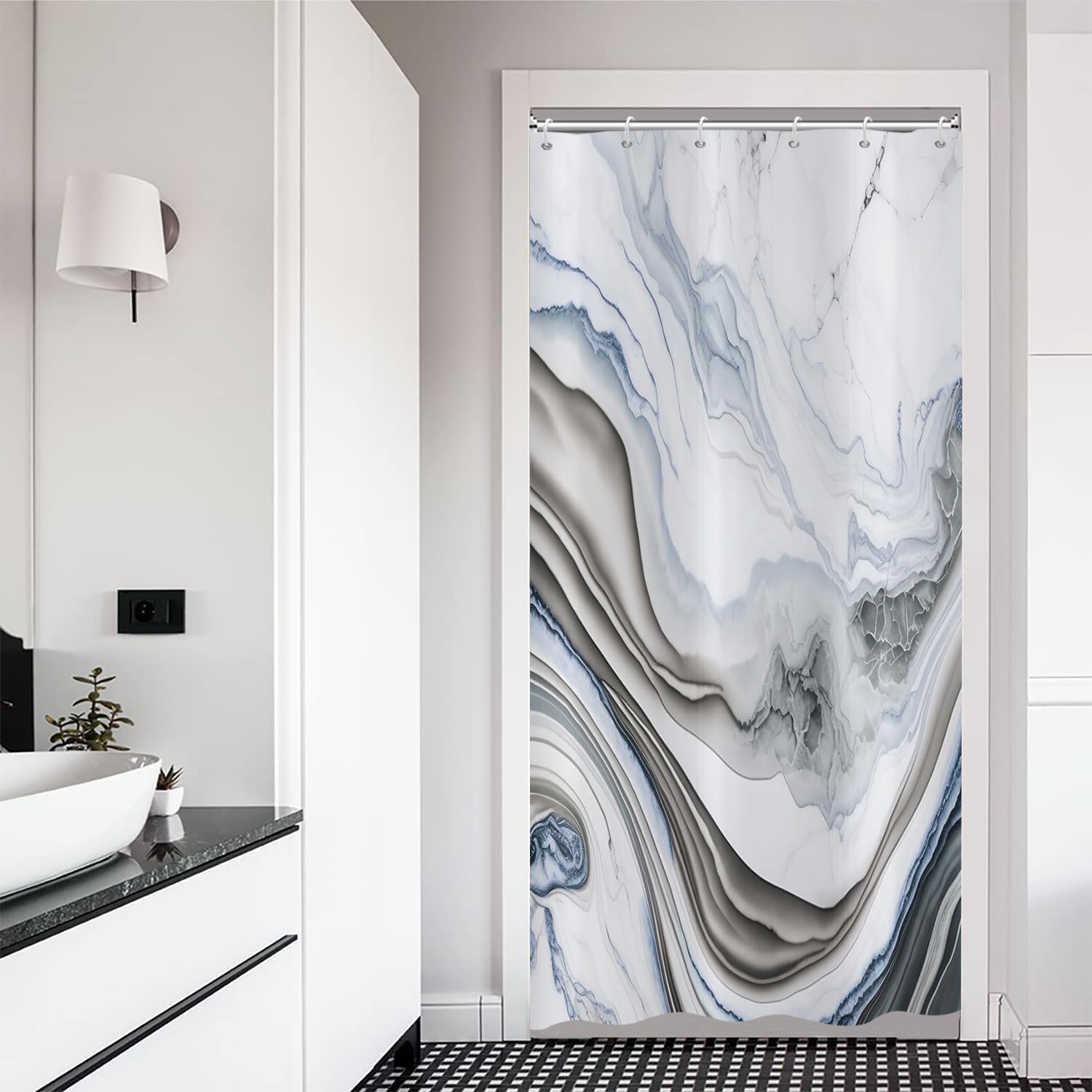 ASDCXZ Shower Curtain Marble 90x180 cm, Modern Abstract White Blue Grey Marble Optic Texture Washable Bath Shower Curtains Polyester Textile Waterproof Shower Curtain for Bathtub with 6 Hooks