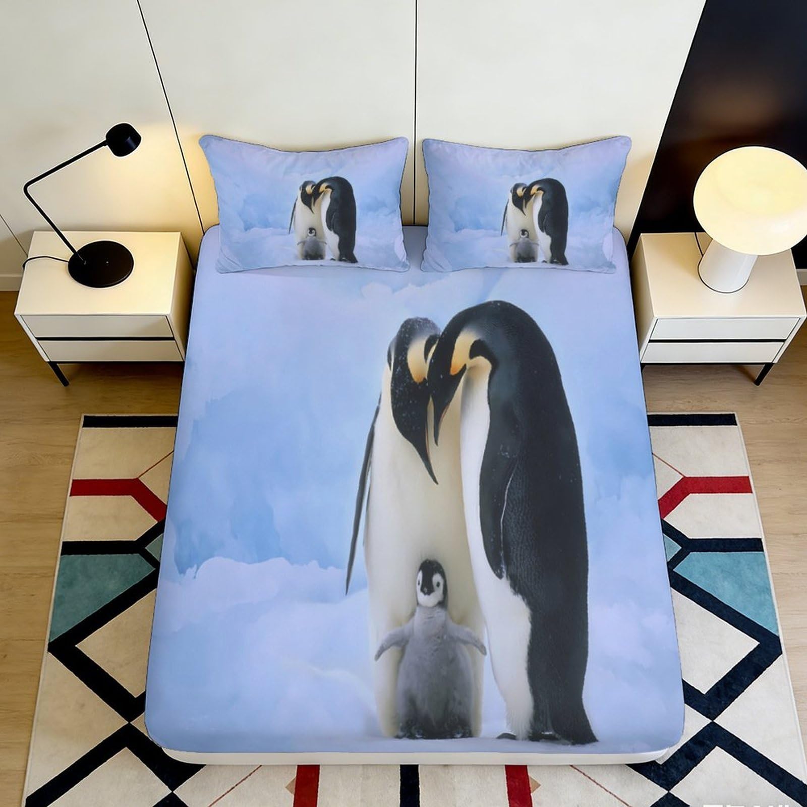 3D Printed Penguin Family Fitted Sheet Microfiber Soft Breathable Arctic Scene Mattress Cover for Bedroom Dorm Decor 90x200x25cm