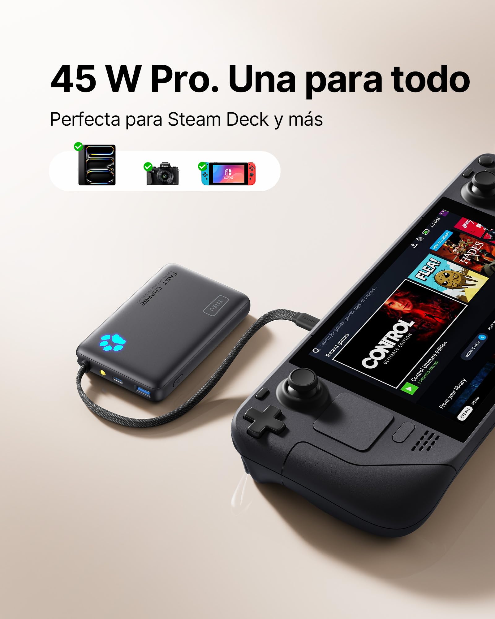 INIU Power Bank, 45W Bateria Externa Carga Rapida, Mini 10000mAh Cargador Portatil con Cable USB C Integrado, Apto para Avión, Bateria Portatil para iPhone 17 16 15 14 13, Samsung, Xiaomi, iPad, etc.