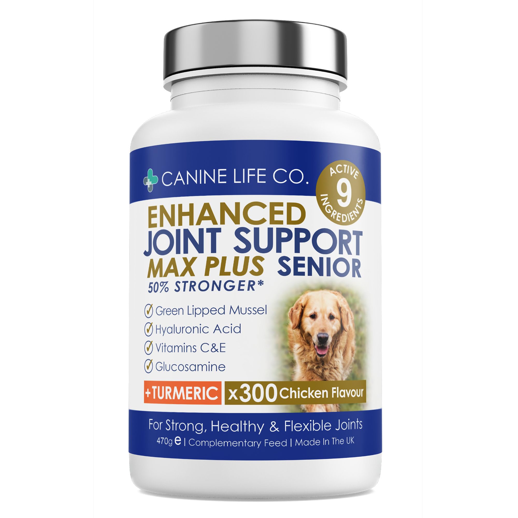 Senior MAX Plus High Strength Dog Joint Supplement With Turmeric Glucosamine & Green Lipped Mussel | For Older Stiffer Dogs Age 9+ | 300 Chewable Tablets | Made In The UK (1 Pot (300 Tablets))