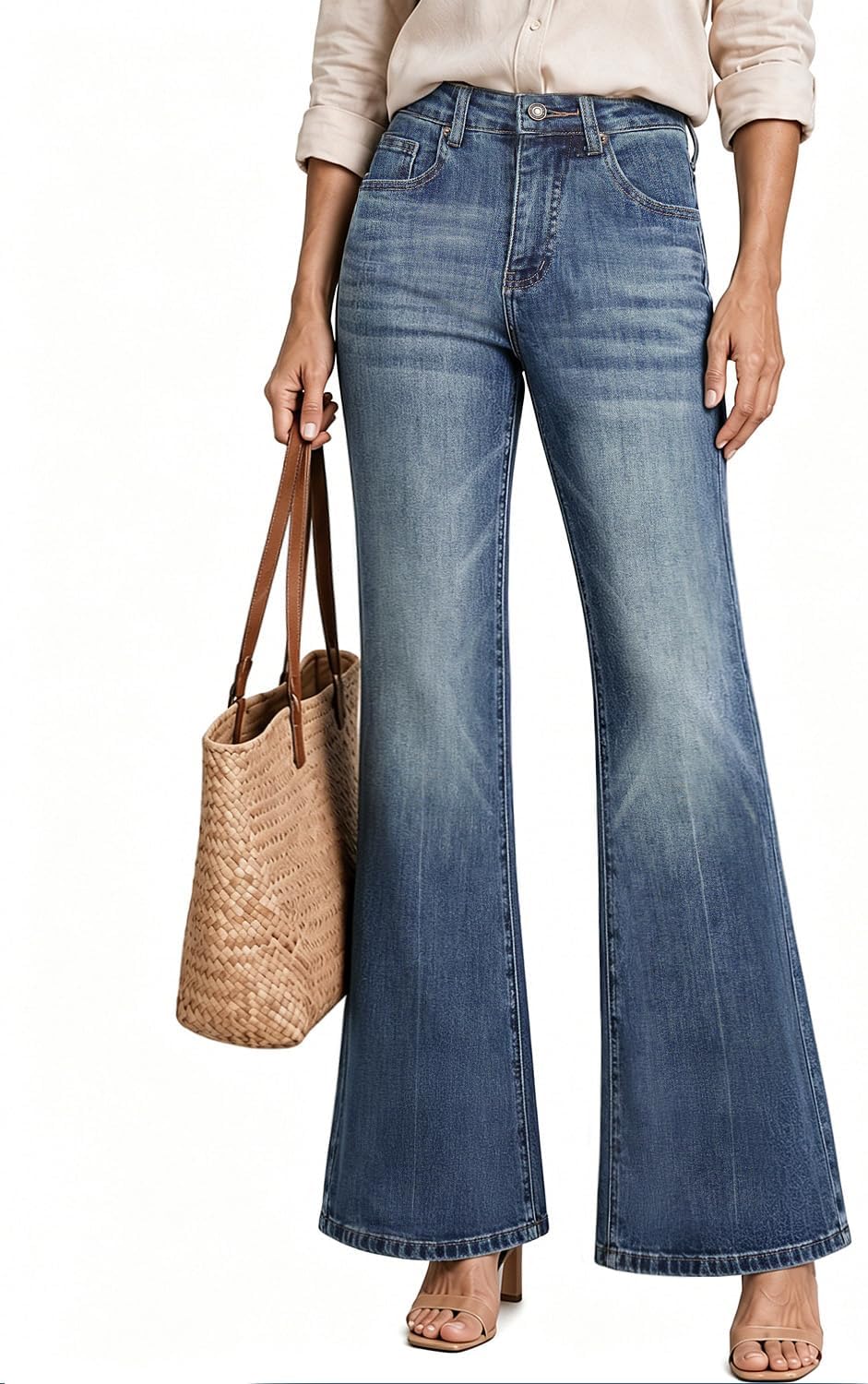 Women's High Waisted Bell Bottom Jeans Wide Leg Flare Bootcut Denim Pants w/Tummy Control Stretchy Trendy ​​