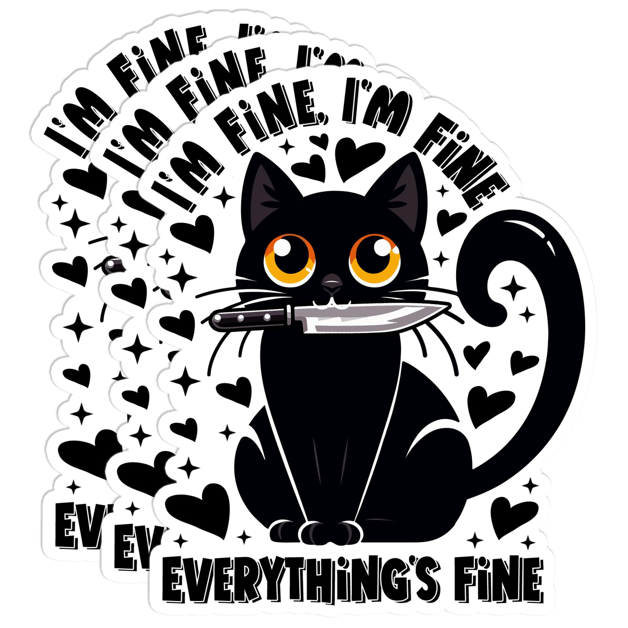 Set 3PCS I'm Fine Everything's Fine Sticker Funny Trending Meme Black Cat with Knife Decal Waterproof Vinyl Decal for Water Bottles Tumblers Laptops