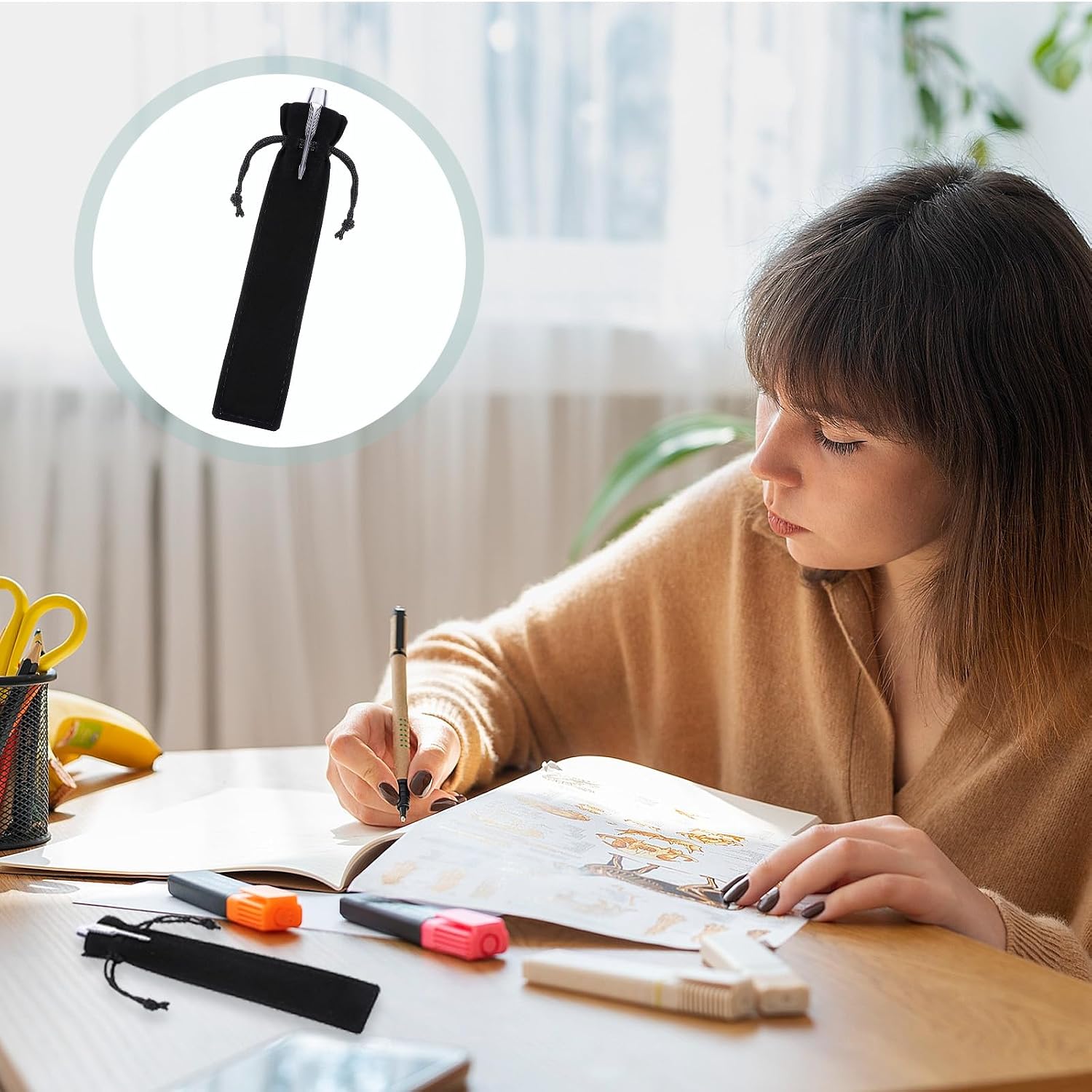 EupHHonycs 100 Pcs Black Velvet Pen Pouch, Drawstring Pencil Holder Bulk, Pen Sleeve Bag, Soft Single Pencil Bag Case for Student Adult Gifts School Office Business Supplies