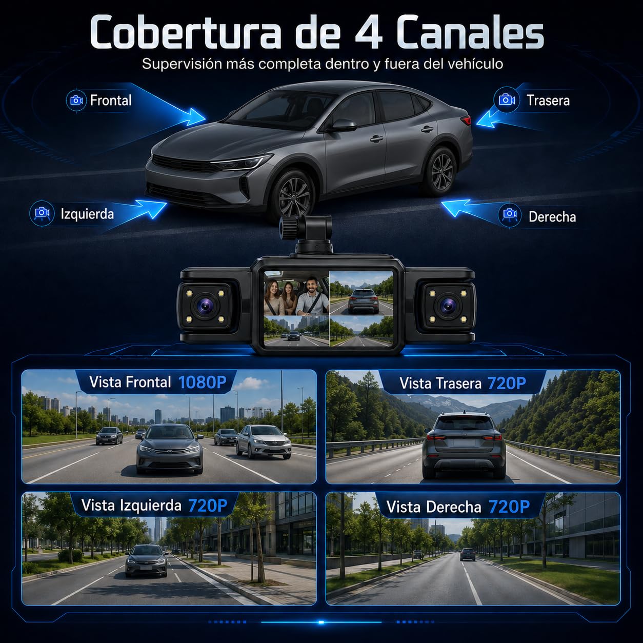 Dash CAM 4 Canales para Coche FHD 1080P, Cámara de Salpicadero 360° con Cámara Frontal, Trasera y Laterales, WiFi con App, Visión Nocturna, Sensor G, Modo Parking y Tarjeta SD 32GB Incluida