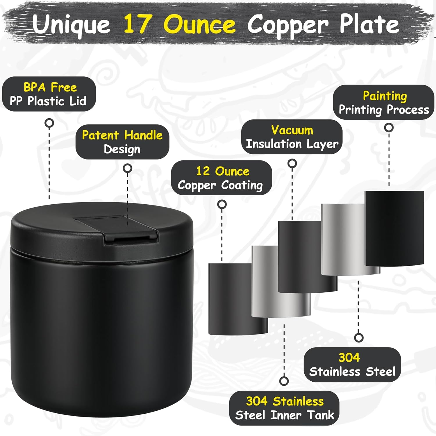 19oz Insulated Vacuum Food Jar with Buckle Lid Wide Mouth Soup Thermo for Hot Food Kids Leakproof Stainless Steel Lunch Container- Black-1Pack - Image 4