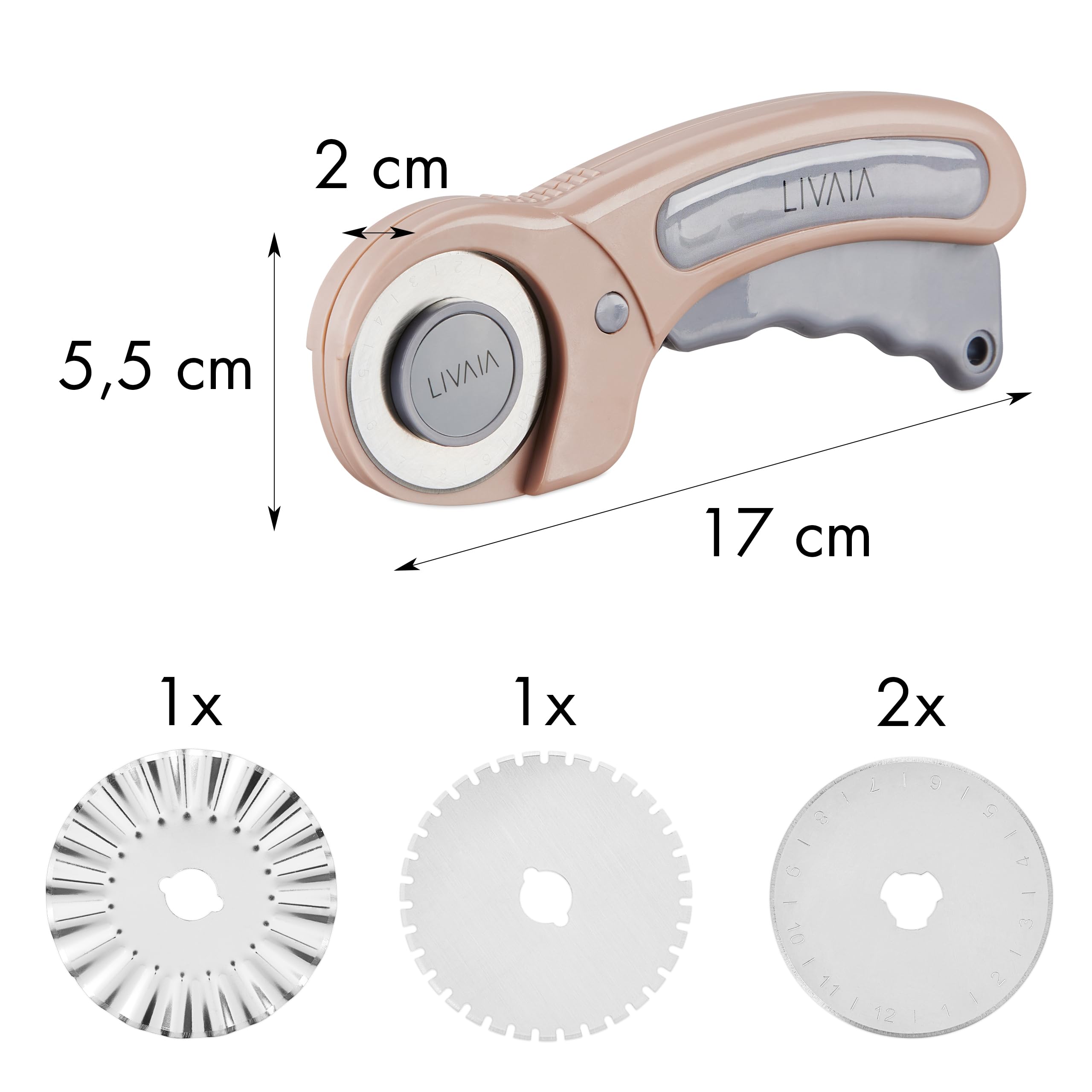 Rollschneider 45 Mm Set Mit 4 Klingen - Ergonomisch Für Stoff, Leder, Nähen, Quilten (Rosa)