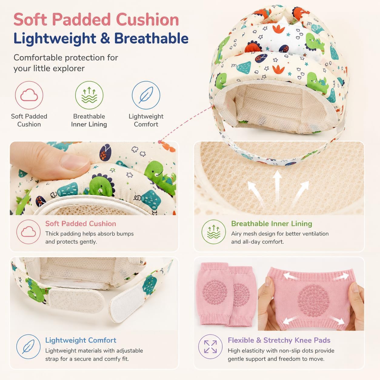Baby Head Protector and Knee Pads Set, Soft Adjustable Baby Helmet for Crawling Walking, Infant Head Protection Cap with 5 Pairs Baby Knee Pads for Crawling, Baby Safety Gift for First Steps