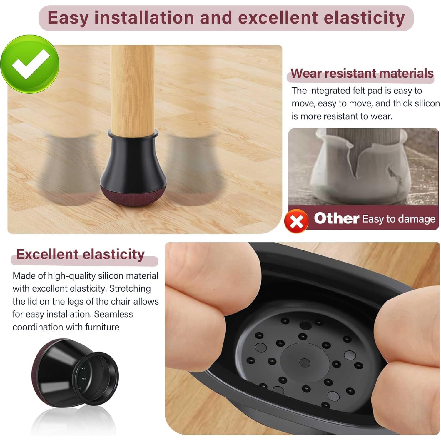 16 Pcs Chair Leg Floor Protectors, Small Black Chair Leg Caps Furniture Pads Floor Protectors with Felt Pads - Image 3