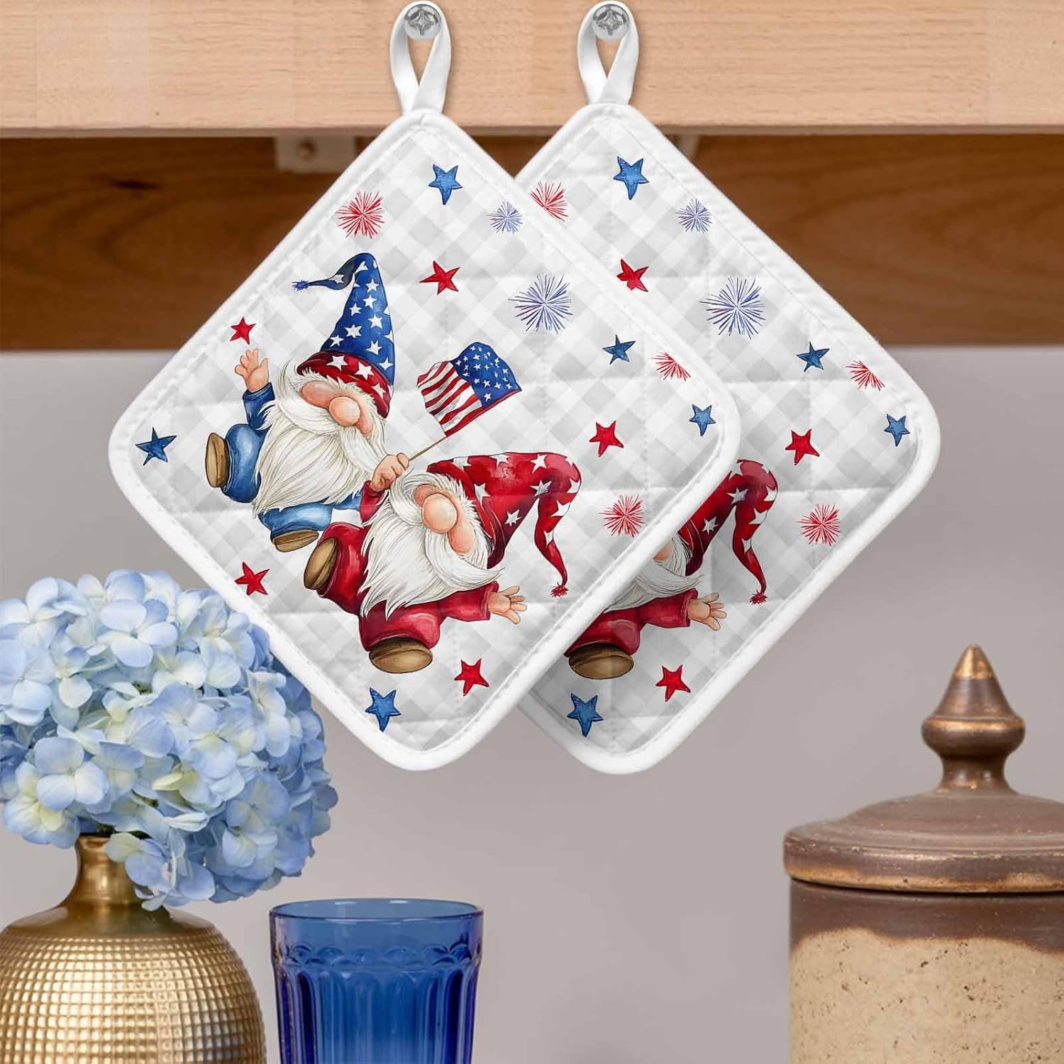 5 Pack Pot Holders for Kitchen, Independence Day Hot Pads for Kitchen Countertops Oven Pot Holder Bulk, Modern Gnomes Star Grey Checkered Heat Insulation Potholders with Hanging Loops