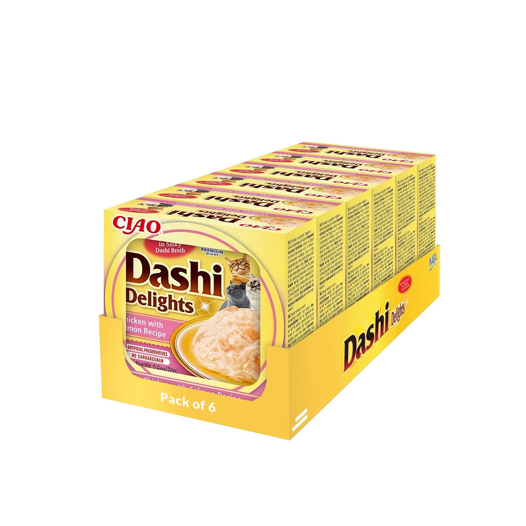 INABA Dashi Delights: Salmon Recipe (6 x 70g) / Bits in Broth Cat Food Topping, Rich in Protein, Natural Ingredients, Delicious and Healthy, Wet Cat Food